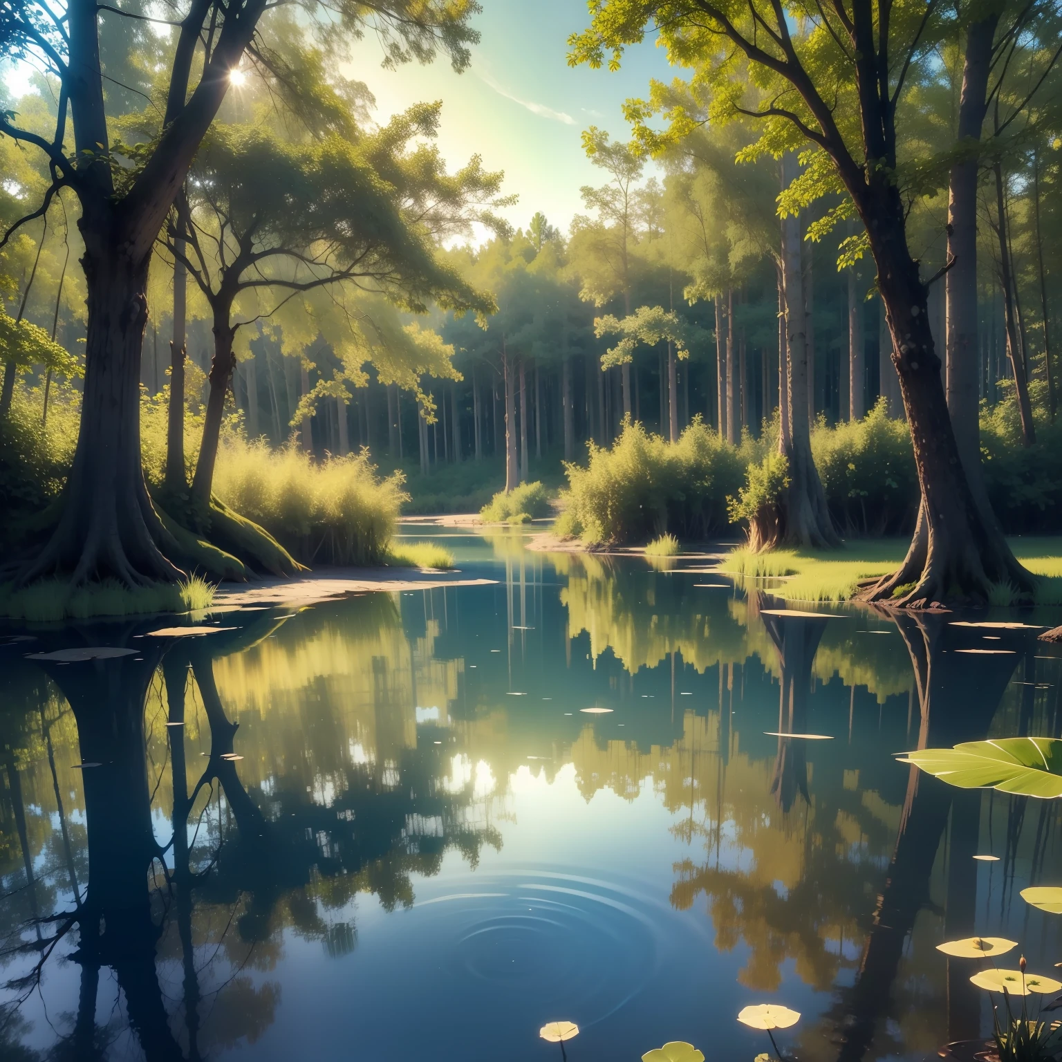 Enchanted lagoon in the afternoon with the sun reflecting on the water in a swamp