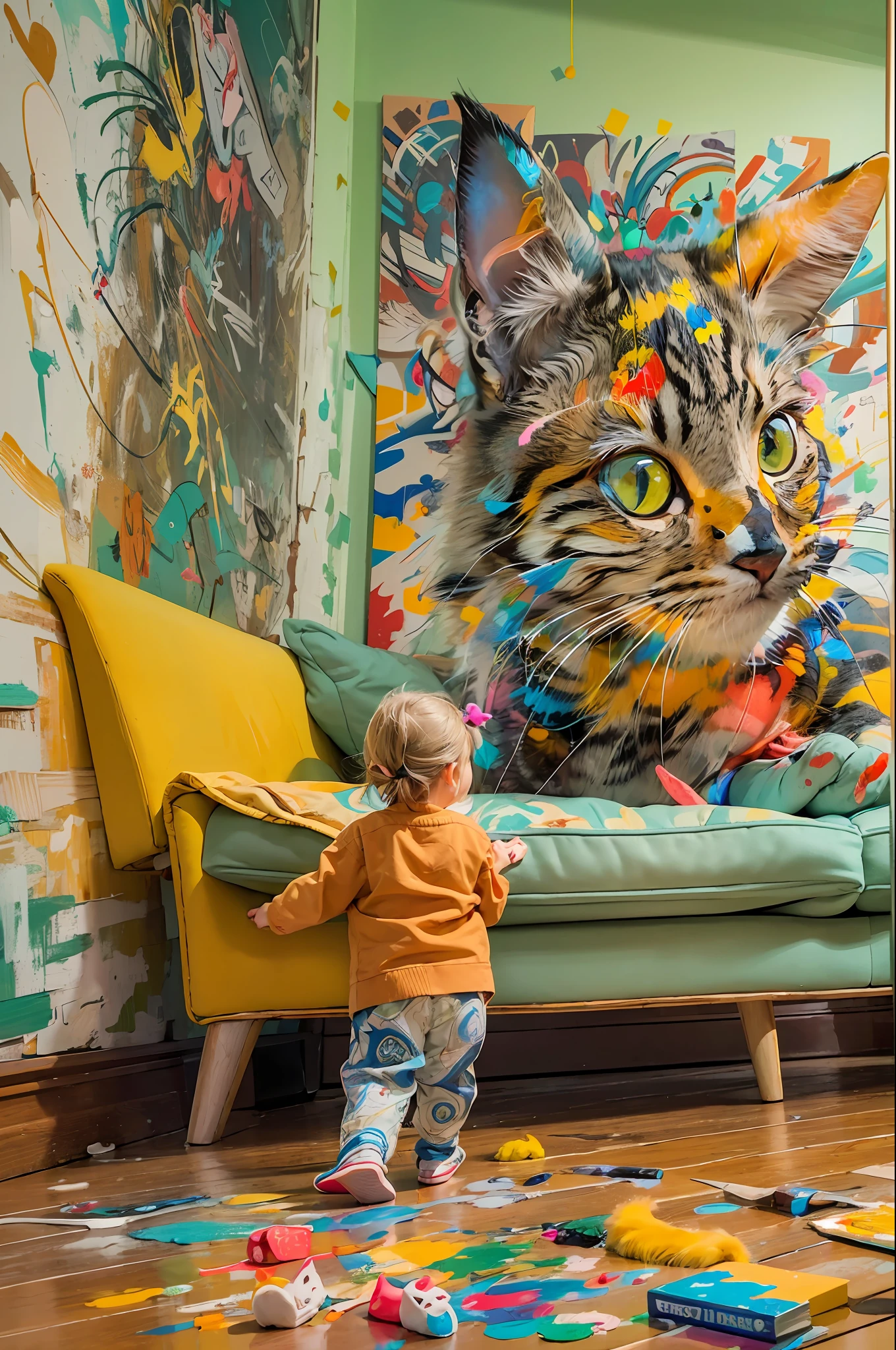 (masterpiece), (extremely intricate:1.3), (realistic), A silly child finger painting colorful abstract designs on a living room wall, low perspective, pops of bright paint across furniture and floor, astonished cat looking on, busy chaotic style, high depth of field, vivid primaries palette, Sony Alpha a7 IV, FE 24-70mm F2.8 GM lens