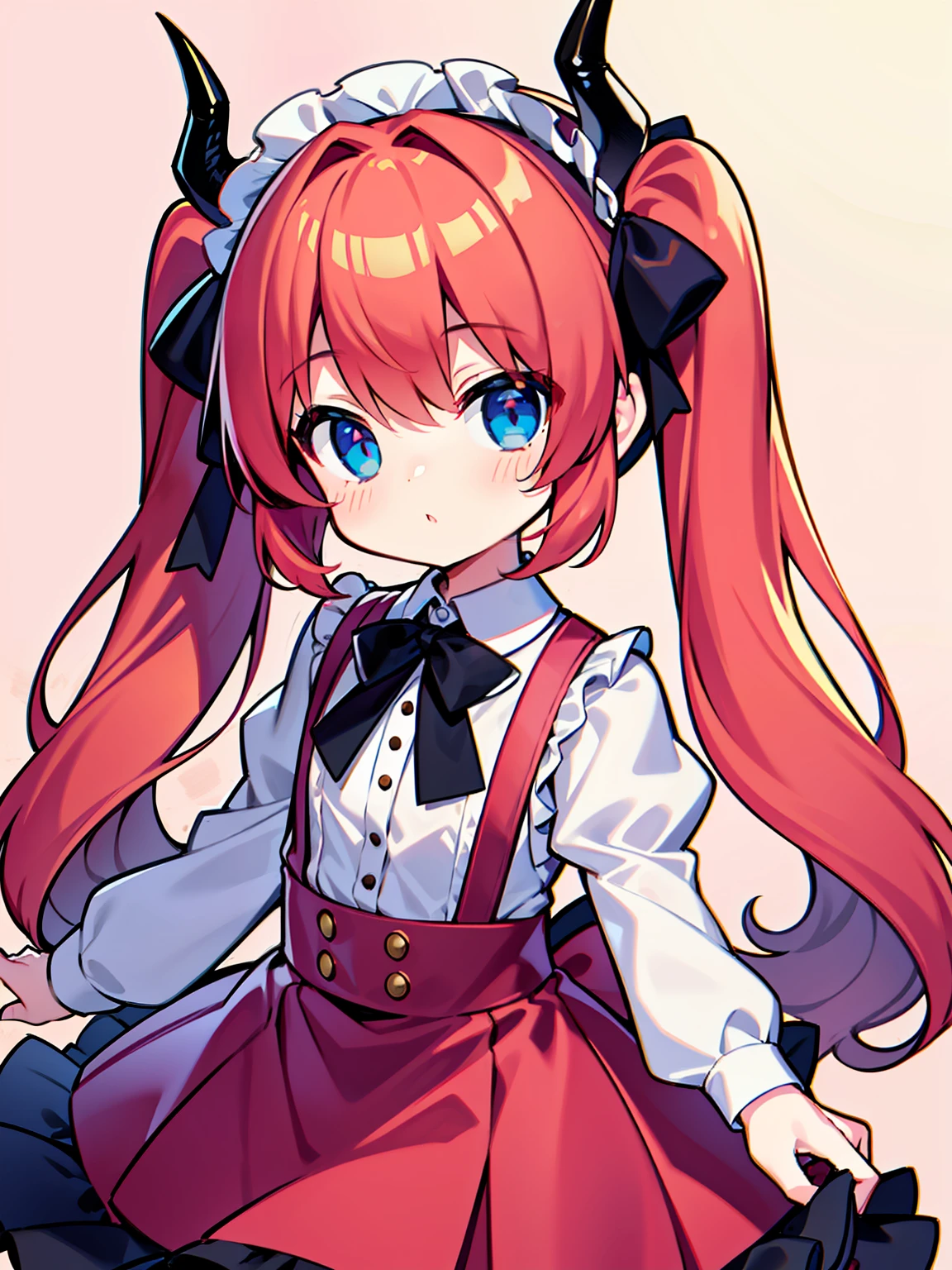 {{best quality}}, {{masterpiece}}, {{ultra-detailed}}, {illustration}, {detailed light}, red hair,blue eyes,twintails,ta,Suspenders skirt,Fantastic,lolio,Dragon horns,little gir