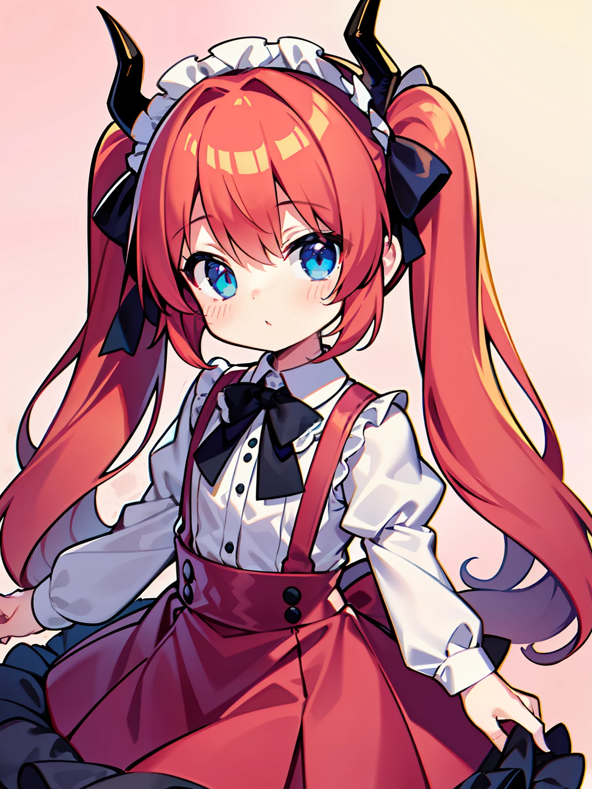 {{best quality}}, {{masterpiece}}, {{ultra-detailed}}, {illustration}, {detailed light}, red hair,blue eyes,twintails,lolita,Suspenders skirt,Fantastic,loli,solo,Dragon horns, girl,long hair