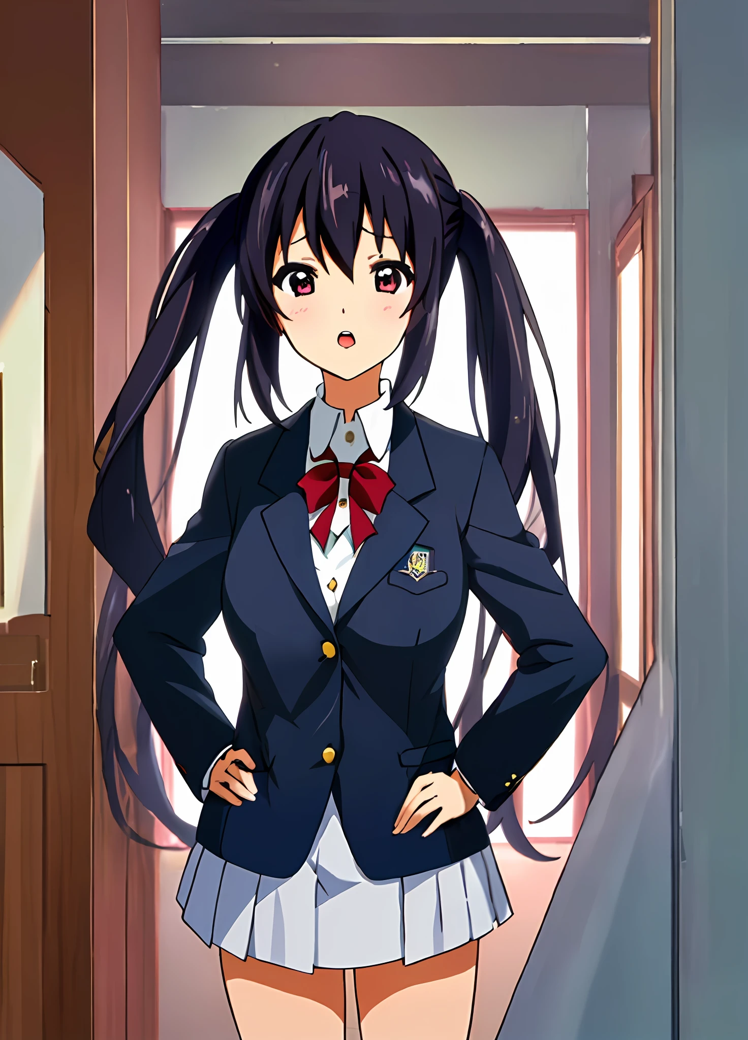 1girl, (((masterpiece))), top-quality, top-quality, High Details, nakano azusa, 1girl, Sakuragaoka High School Uniform, student clothes, Twin-tailed, length hair, A dark-haired, brown-eyed, 独奏, reddish, Dark blue blazer with thin red ribbon, Solid white buttoned shirt under blazer, illustratio, comic strip, soothing tones, Subdued Color, Soft cinematic light, adobe lightroom, photolab, HDR, intricately and hyper-detailed、(((depth of fields))))。(((masterpiece)))。(((top-quality))).)((ultra-detailliert)))。(((illustratio)))。(((takeout))).dynamic focus.big breasts.(((Skyscrapers))).(((A city scape))).(((Face of sadness))). open mouth.(((put hands on the hip))).(((up chest))).((evening glow)).((the setting sun)).