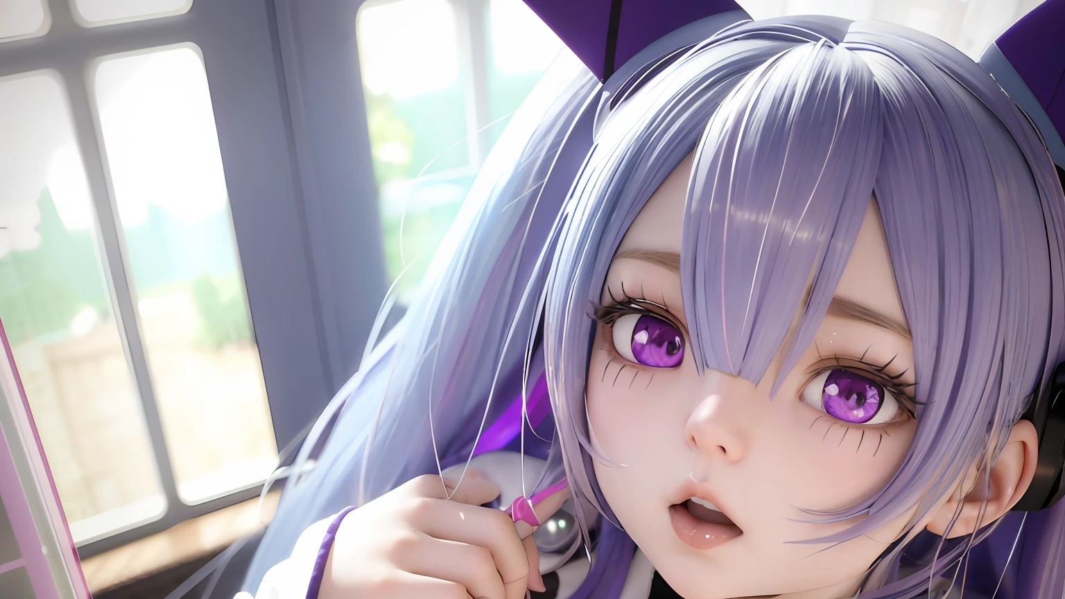 Anime girl with long purple hair and purple eyes in the room, pink twintail hair and cyan eyes, portrait anime space cadet girl, vrchat, render of a cute 3d anime girl, live2d virtual youtuber model, nanogirlv 2, anime styled 3d, Glowing pink face, Anime style. 8K, in-game, close up character