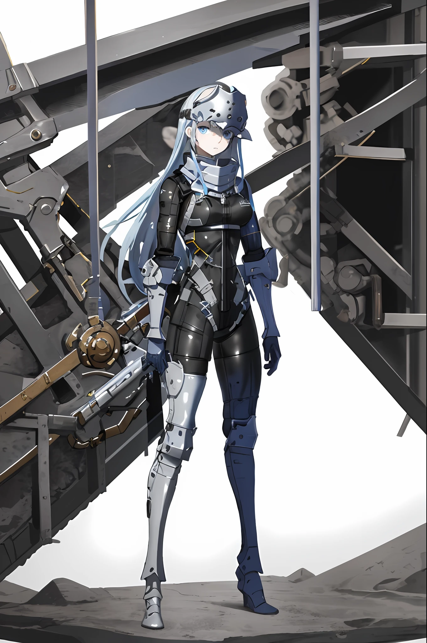 1girl, solo,blue eyes, armor,bodysuit,sitting, Mechanical thighs