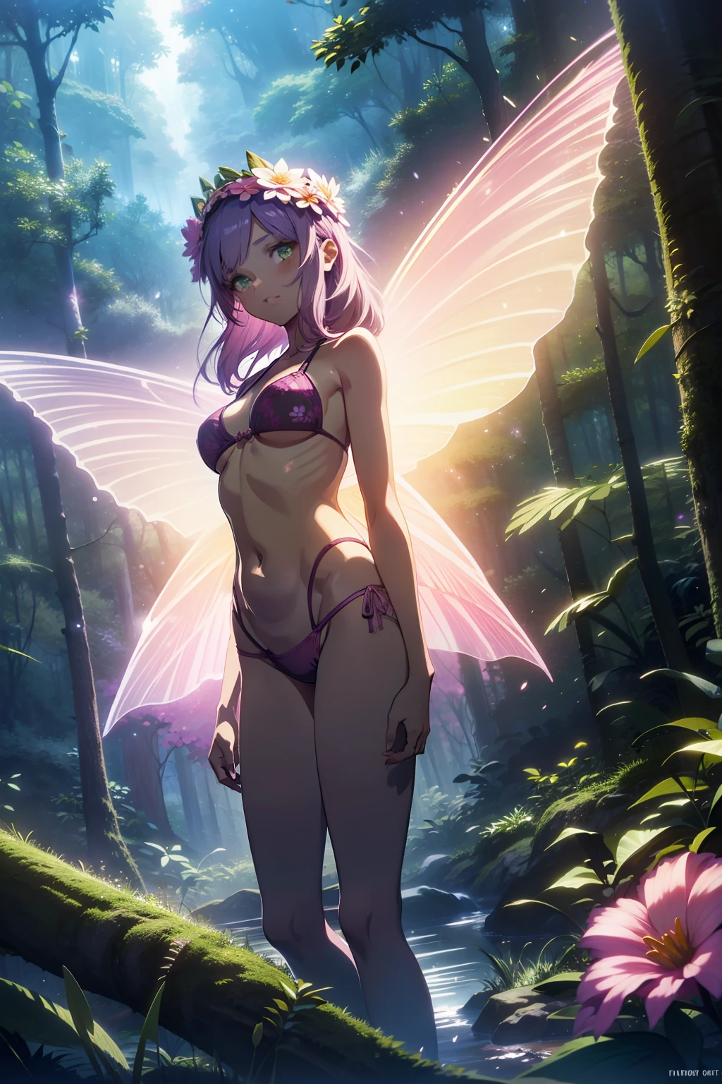 young girl, purple hair, green eyes, fairy, pink fairy wings, bikini, plant bikini, flowers crown, in a forest, night, fantastic trees, fireflies in the scenery, highlights, fantasy