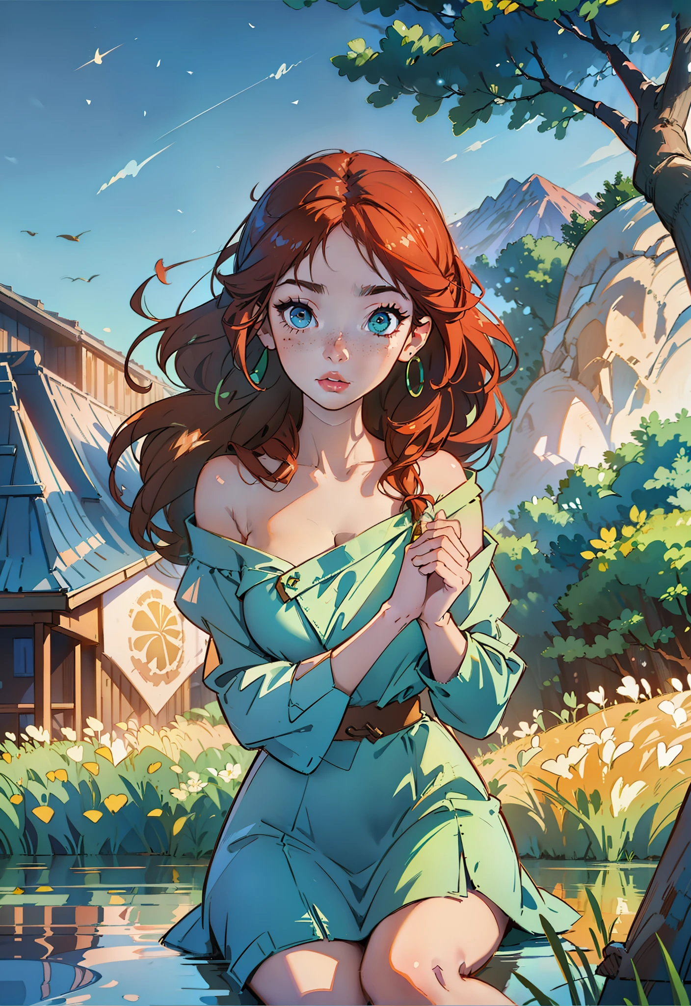 1girl, solo, redhead hair, braided hair style, serene expression, mesmerizing green eyes, green pupils, (completely naked, fully naked, nsfw), poised posture, small breast, freckles, freckles, freckles all over body, hands up behind the head, armpit, collarbone, blushed, sitting on, (pubic hair freshly shaved):1.2, subtle blush, silver pendant, hoop earrings, golden hour, (rim lighting):1.2, warm tones, sun flare, soft shadows, vibrant colors, painterly effect, dreamy atmosphere, scenic lake, distant mountains, lodge background, willow tree, calm water, reflection, sunlit clouds, peaceful ambiance, idyllic sunset, ultra detailed, official art, unity 8k wallpaper, zentangle, mandala