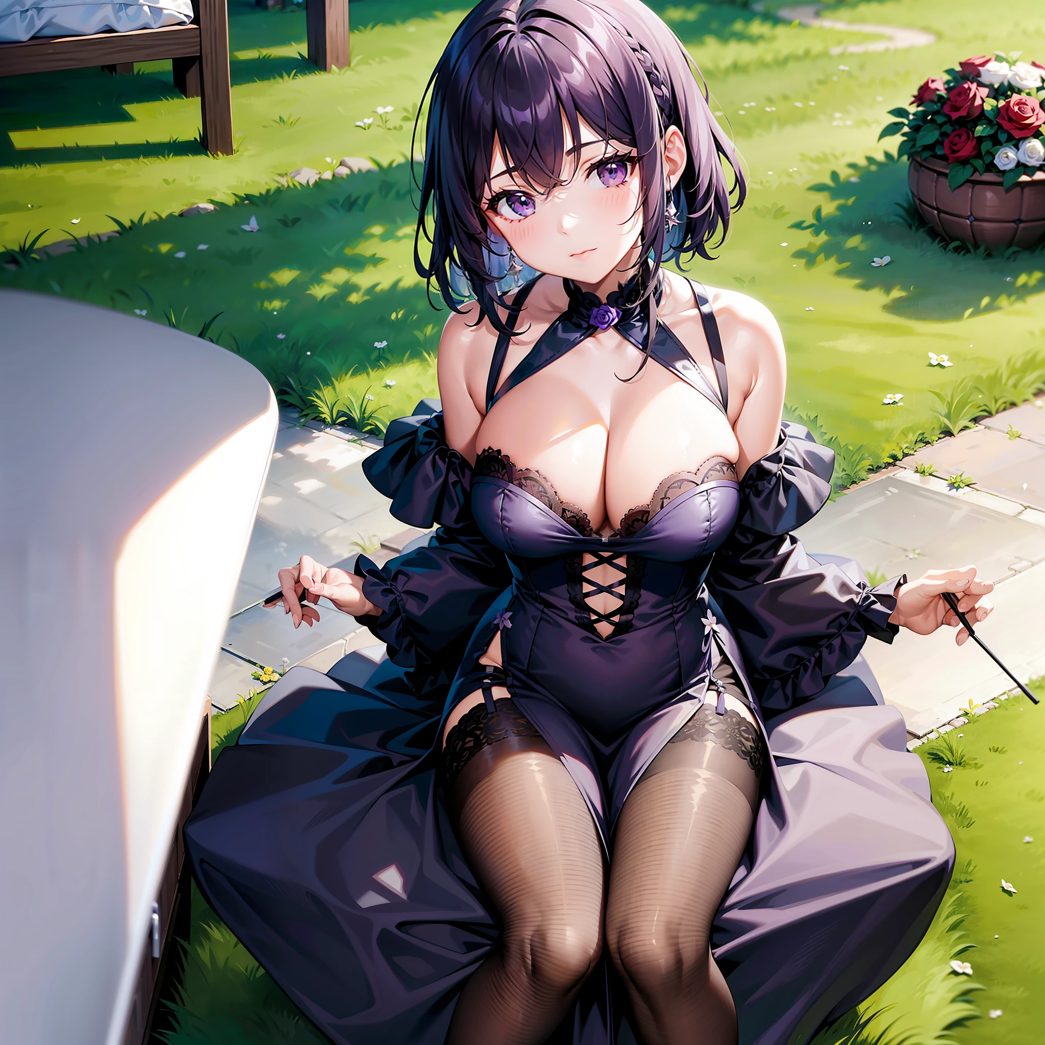 1girll，独奏，sit on chair，Inside the garden，cabelos preto e longos，Rose hair cards，Violet off-the-shoulder dress，black lence stockings