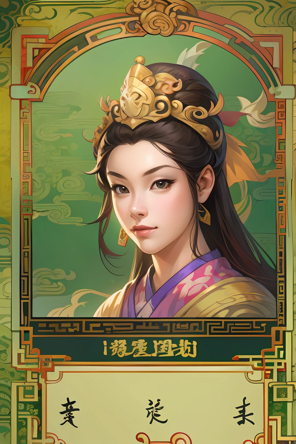 Card design、tarot cards，1female，Three Kingdoms style:1.2，Ancient Chinese background，A meticulous face，Clear and beautiful face，Card background、对称、Below is the UI text box，High picture quality，tmasterpiece，best qualtiy，超高分辨率