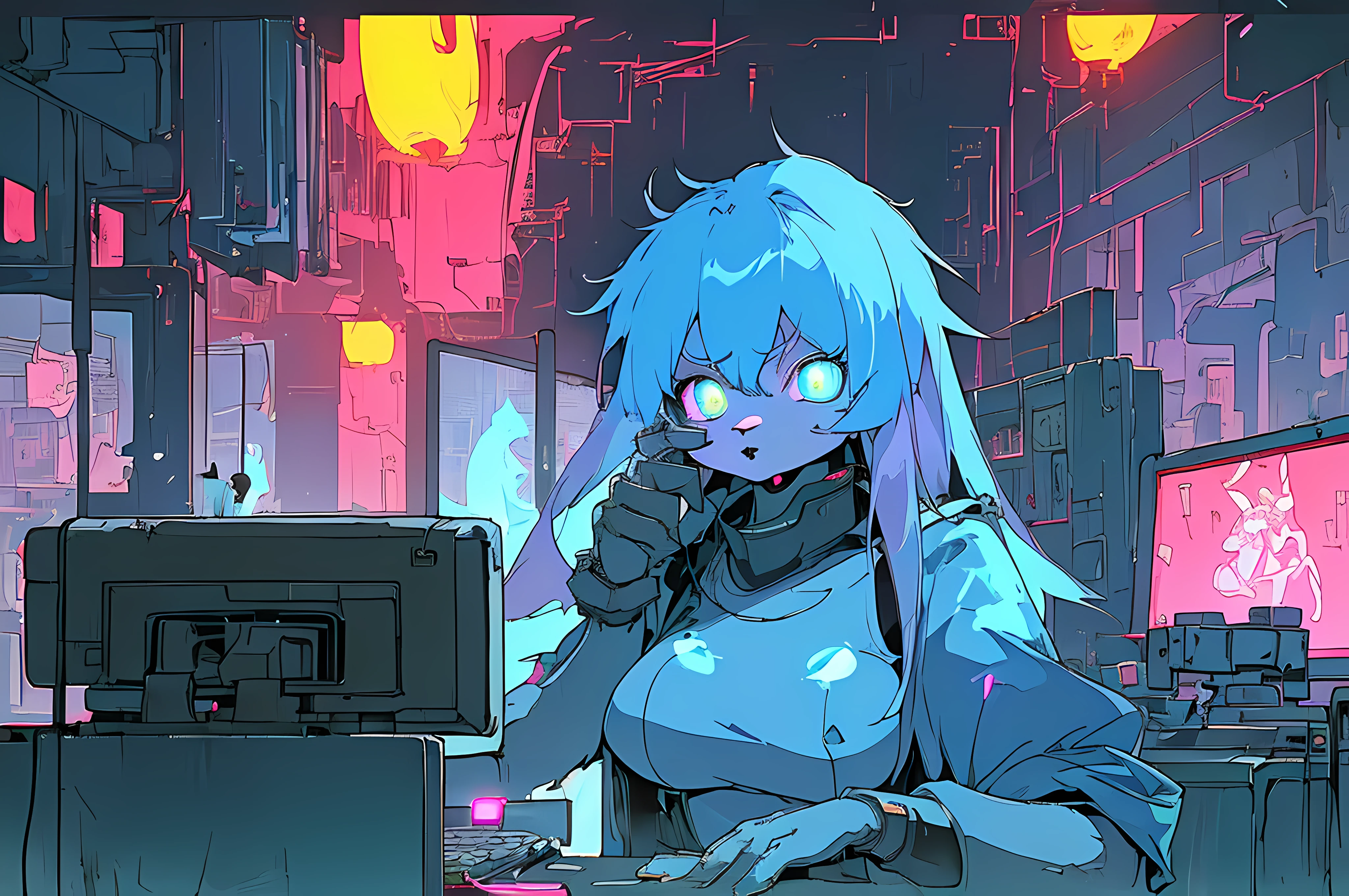 (((cyberpunk hellhole))), (((kowloon walled city))), (((hanging powerlines))), (vintage poor quality vhs), (80s crt screenshot), (((dark scene))), (((dark cloudy scene))), (((angel's egg anime))), (((serial experiments lain anime))), (((underground basement scene))), (((unlit nighttime scene))), (((dark abandoned computer lab house))), (((solemn blue anthro kemono furry rabbit exploring old computer screens))), (((underground cavern filled with glowing computer screens))), anime rabbit character with futuristic hair and glowing eyes exploring old ruins, anime art, anime aesthetic, (((old ruins in background cel art))), kemono anime rabbit girl, wearing cybernetic bunny ears, angry female fighter --v6