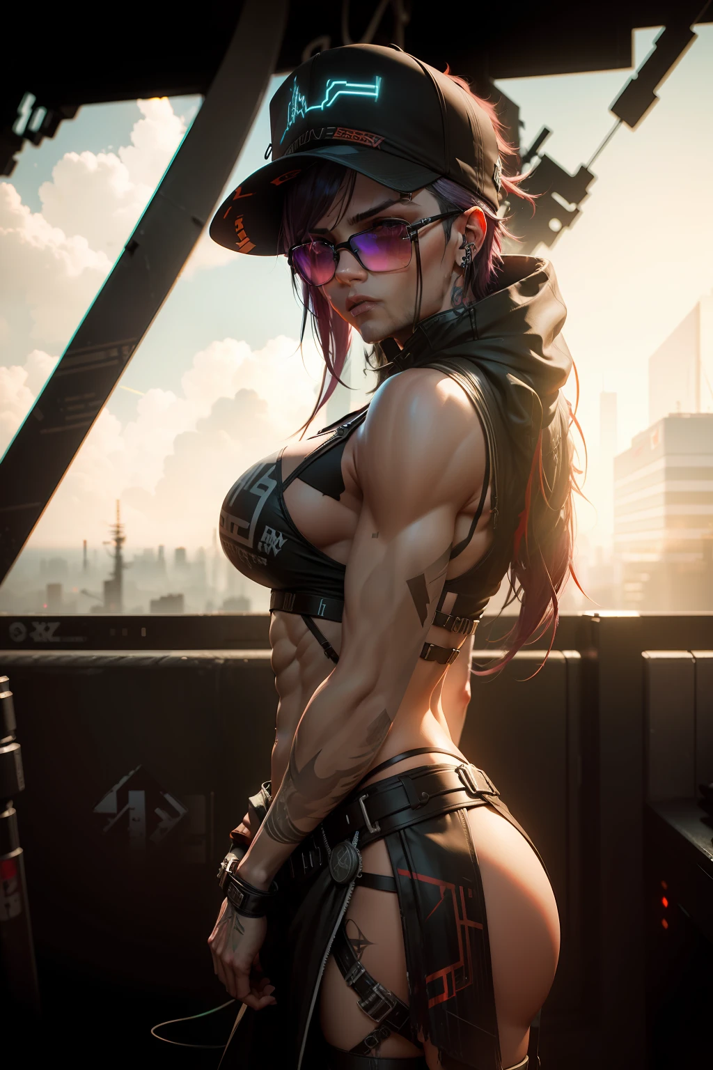 kratos with dark glasses, loish, jeremy mann, full body shot, character sheet, lightningwave, 3d, cgi, glowing neon, cyberpunk, streetwear outfit, ☂️, neon city