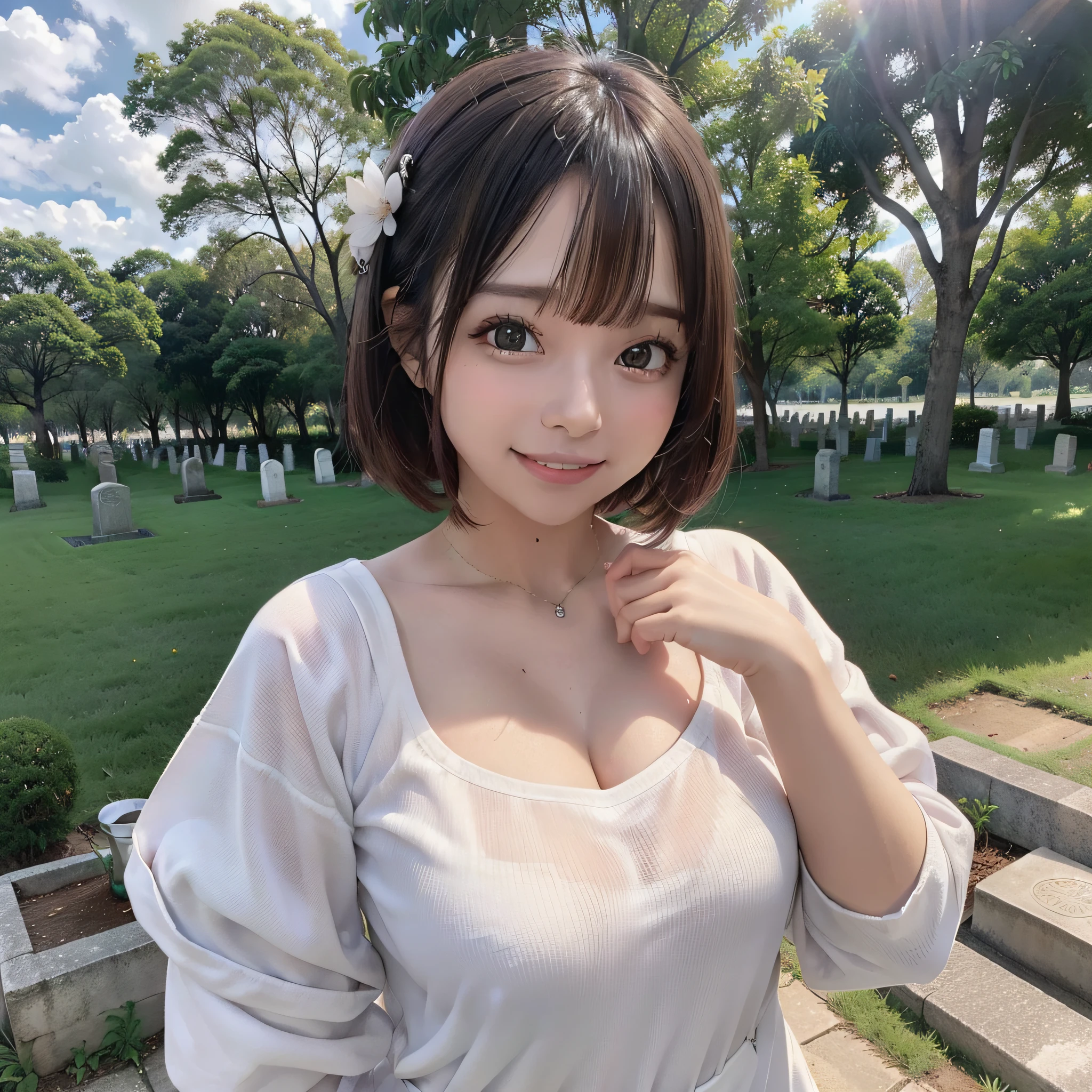There is a resurrected girl who is inside the cemetery, (8k, foto RAW, melhor qualidade, obra-prima: 1.2), (realista, foto-realista: 1.37), ultra-detalhado, 1 menina, bonito, solo, beautiful sky with thunder, noite, sentado, namoro, (nariz corado), (sorriso feliz), middlebreasts, belos olhos detalhados, (camisa colarada: 1.1), gravata borboleta, saia plissada, gatos,
