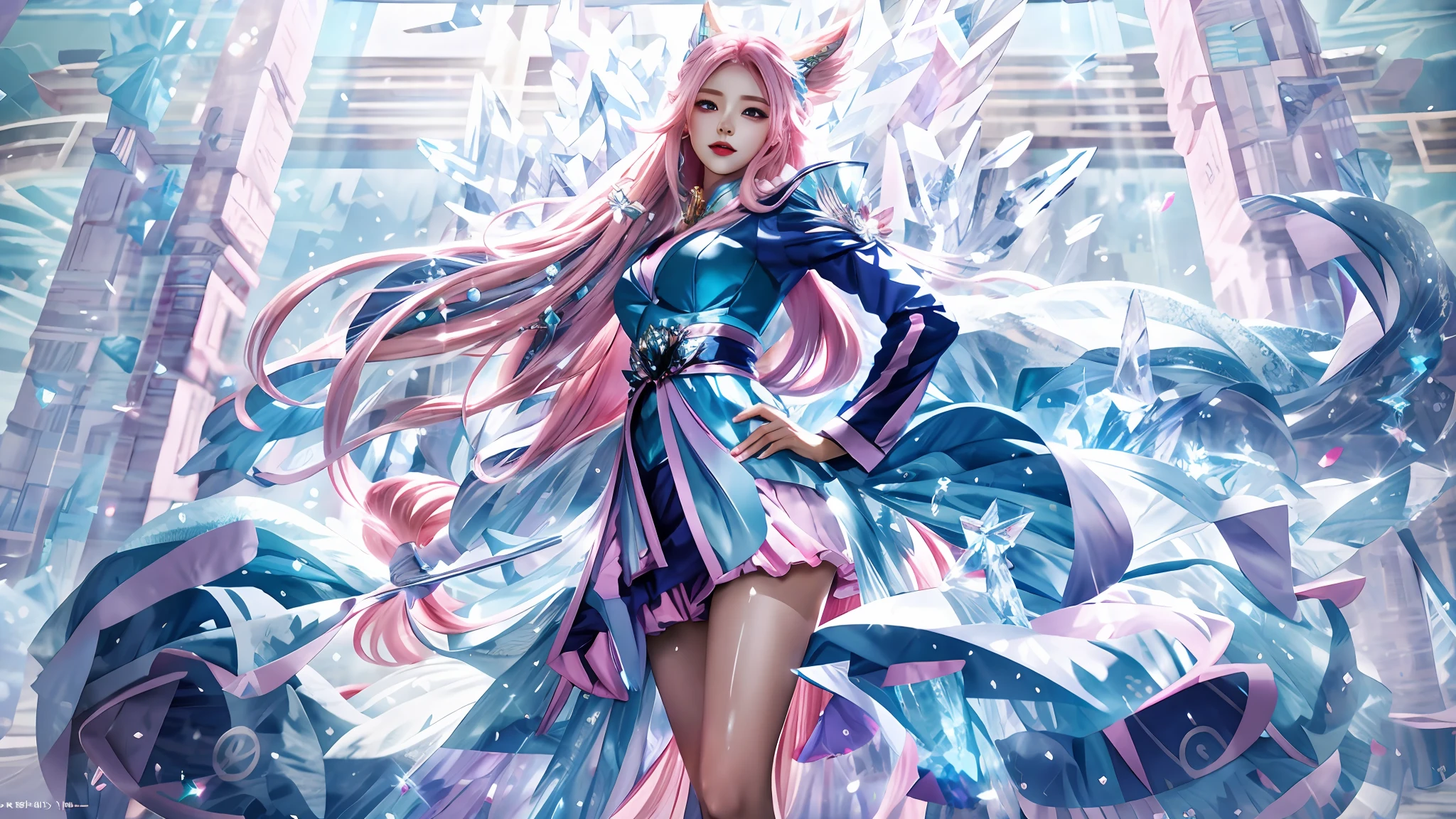 Anime girl with pink hair and blue dress standing in front of crystal, crystalline skin, ahri, Epic fantasy art style，HD 8K quality，Ultra-fine details，perfect facial features，Glowing skin，Realistic style。Works of masters，Best Picture Quality，Higher image quality，high brightness，8K level，Delicate and colorful，Perfect face，Radiant skin，Realistic real people