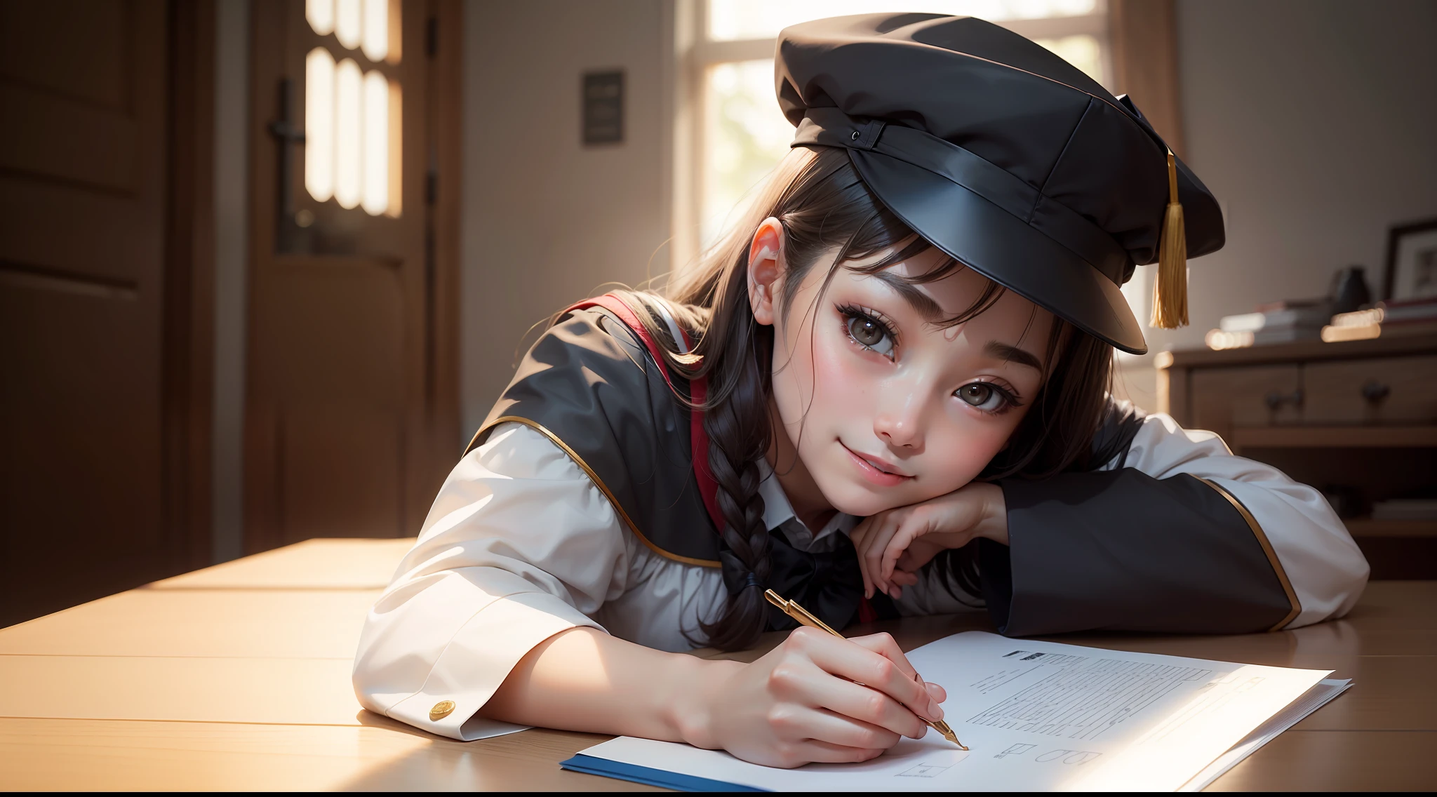 Academic Gowns、Academic Lobe、Mortarboard、Mortar Cap、University Graduation Ceremony、University Campuses、buliding、schools、a smile、1girl in、Detailed uniform、Pubic hair shows through、look at viewr、(SIGMA 85mm F1.4)、depth of fields、bokeh dof、Detailed photorealistic backgrounds、diffused natural sunlight、diffused natural skin glow、photographrealistic、