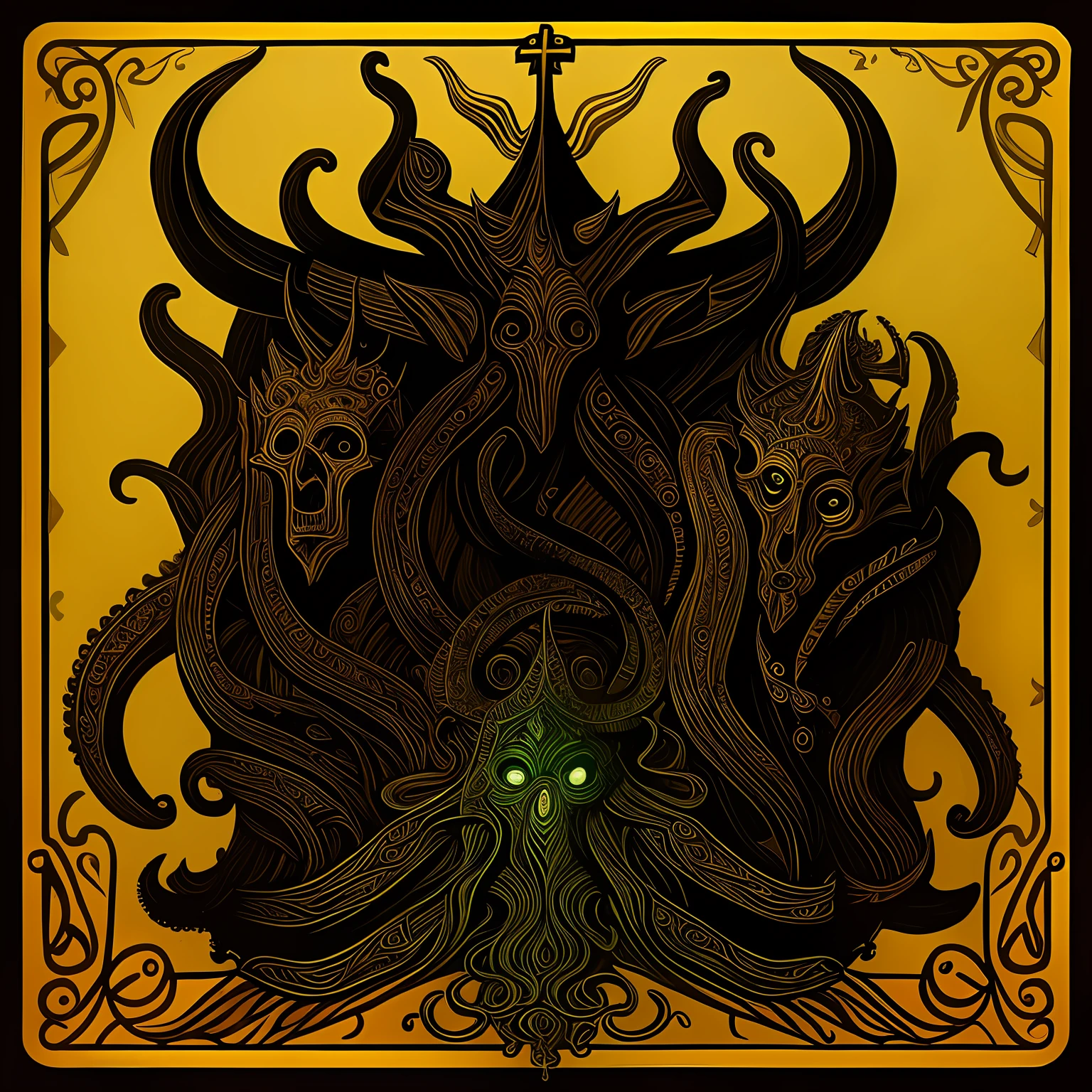 there is an image of a painting of 3 people, Retrato de daemons, Symmetrical Epic Fantasy Art, Estilo lovecraftianoo, fantasy rpg symmetrical portrait, Lovecraftianoa inspiration, Horror lovecraftianoo!, lovecraftiano, horned, Horror lovecraftianoo, Horror lovecraftianoo!!, hydra with eight heads, arte oficial, middle ages, animismo