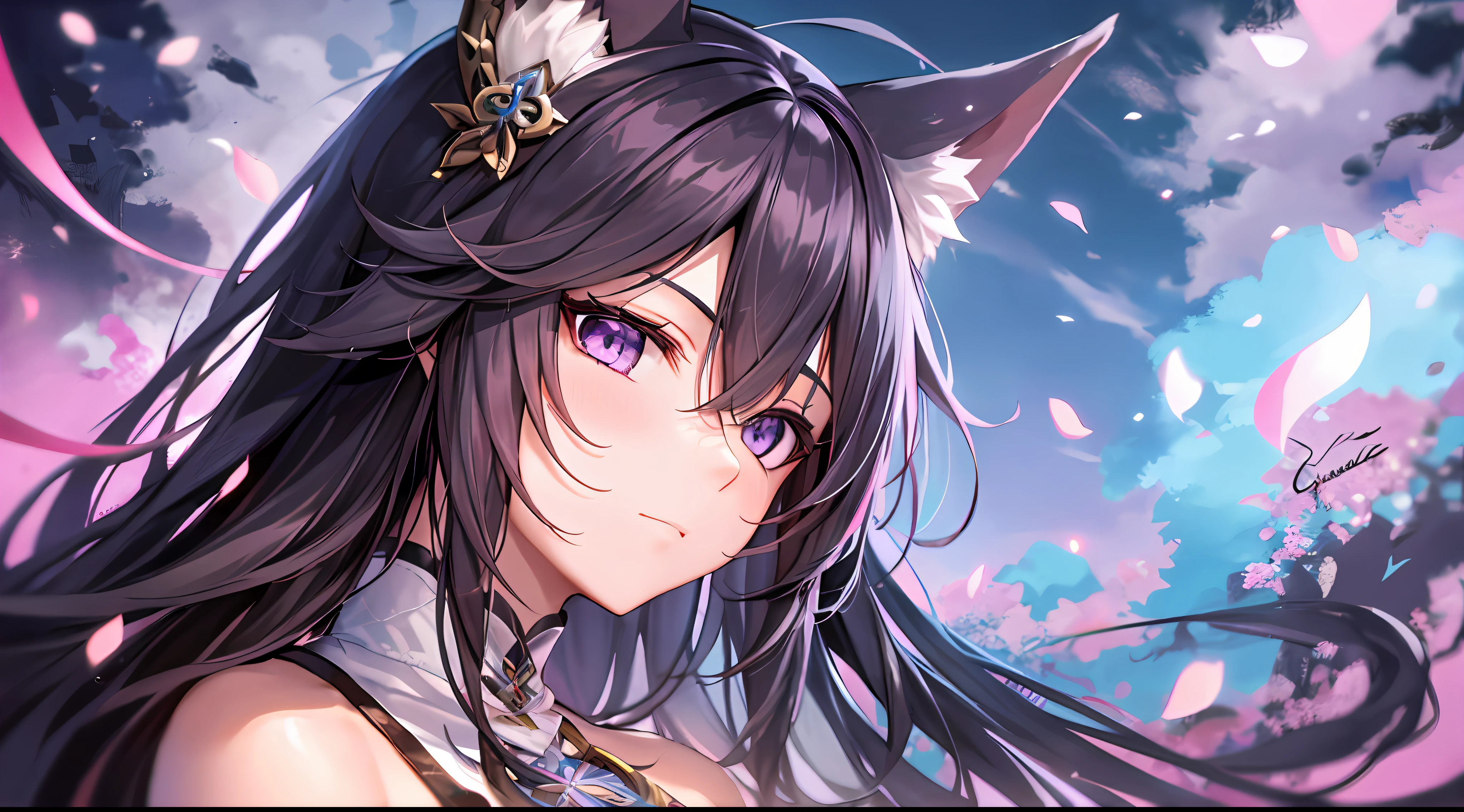 Mast, best quality, 1 girl, eula \ (Genshin Impact), black hair, purple eyes, long hair, headband, hair accessories, looking at the audience, facing viewer, eula signature weapon claymore sword, fox ears bent