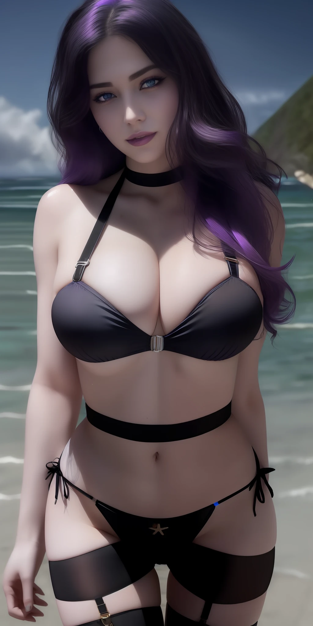American woman, ((dynamic pose)), (spoiled:1),(beady big shining blue eyes:1.3), ( black see-through bikini:1.5),(drooping eyes:1.4), (beautiful beach:1.9), (thin lips:1.5),(big breasts:1.5),round face,(innocent:1.5),(purple hair:1.5), (looking at viewer:1.3),(smiling:1.3),(happy:1.2),lovely,( black garter belt:1.5),(1girl),(open mouth:1.4),(delicate touch),(8k),(4k),(absurdres),perfect lighting,charming,realistic, alluring, clean, beautiful face, pure face,pale skin,wet, sweat,