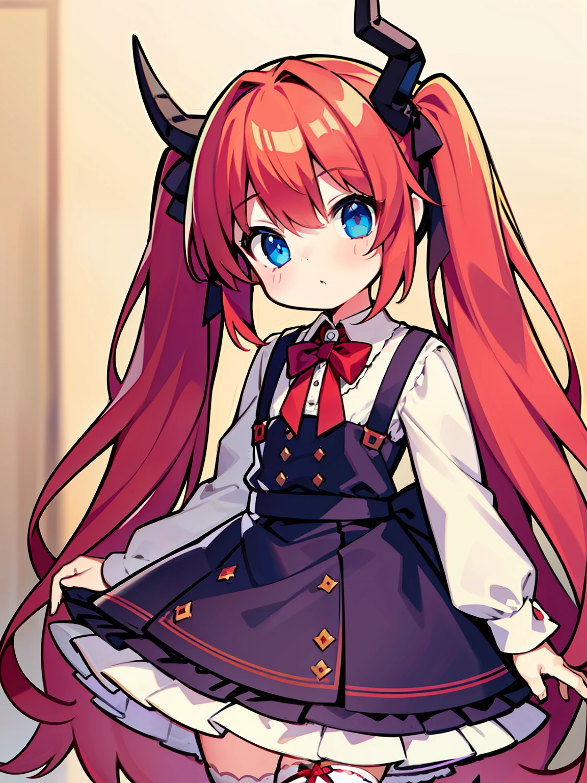 {{best quality}}, {{masterpiece}}, {{ultra-detailed}}, {illustration}, {detailed light}, red hair,blue eyes,twintails,lolita,Suspenders skirt,Fantastic,loli,solo,Dragon horns,little girl,long hair