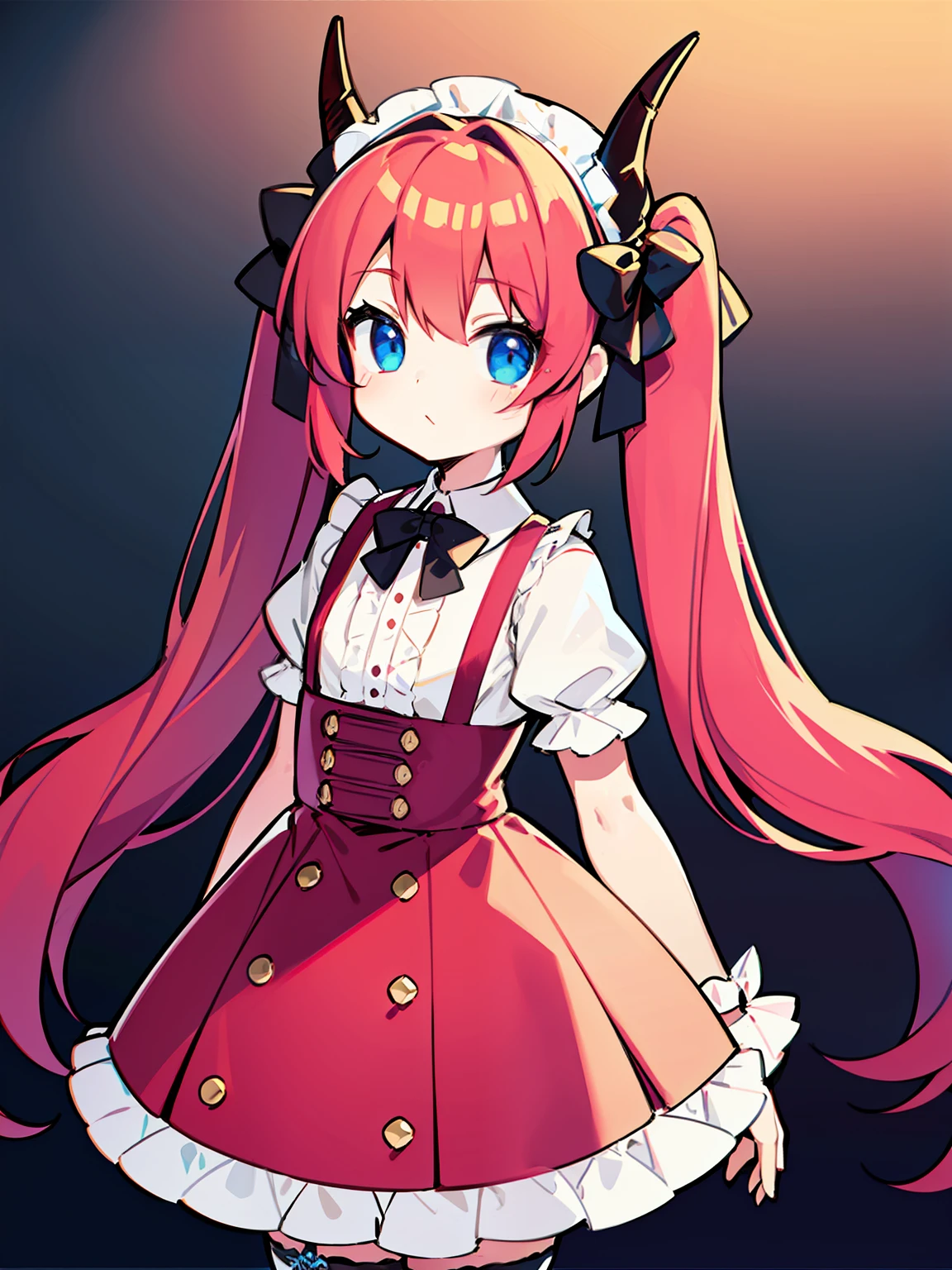 {{best quality}}, {{masterpiece}}, {{ultra-detailed}}, {illustration}, {detailed light}, red hair,blue eyes,twintails,lolita,Suspenders skirt,Fantastic,loli,solo,Dragon horns, girl,long hair