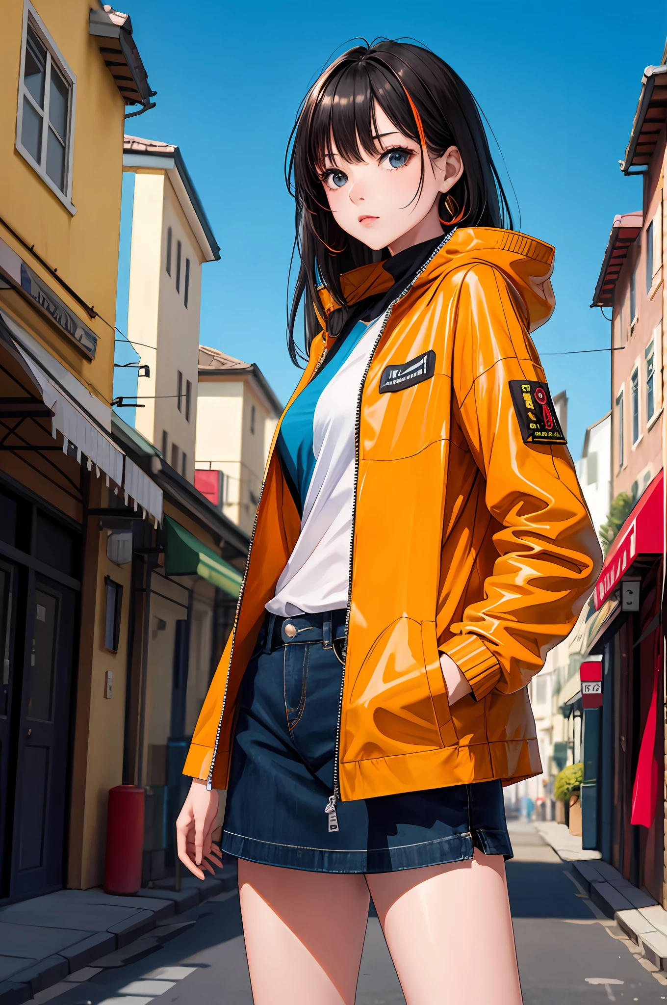 Masterpiece, Best Quality, Ultra High Resolution, gorgeous, visually stunning,1girl,(multicolor jacket, red, blue, yellow, orange),in the street