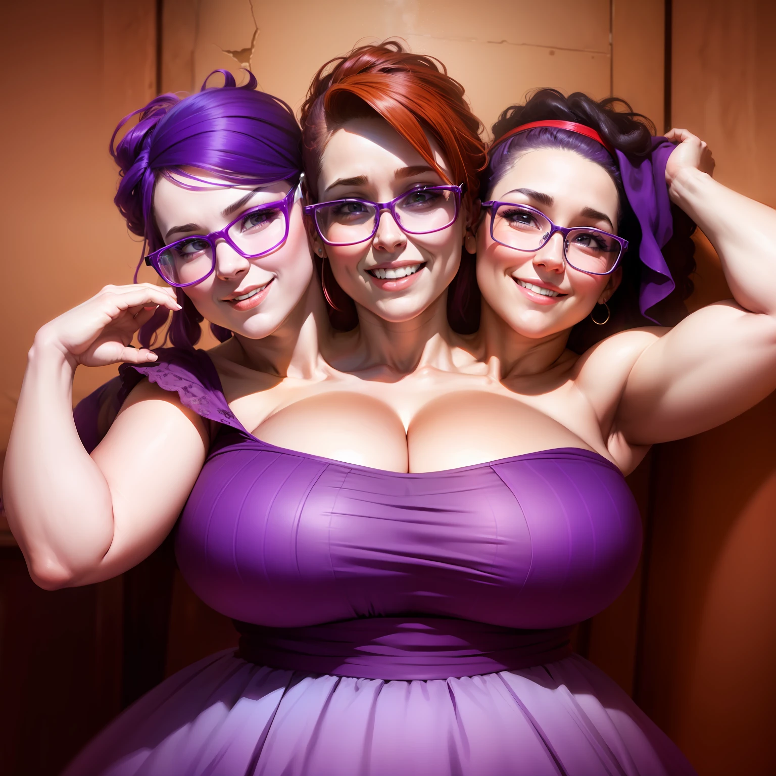 (((2heads))), chubby woman,32 years old, purple bandana, auburn mohawk, thick rimmed glasses, Arizona background, sexy purple dress cleavage, large droopy breasts,  happy expression,very pale white skin