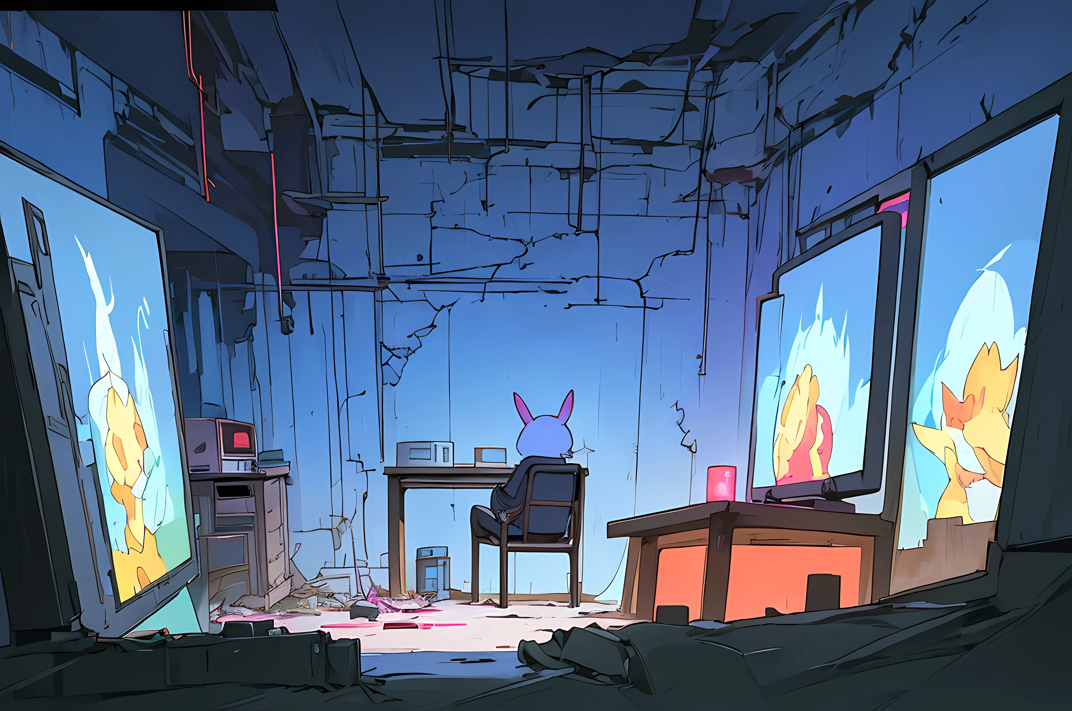 (((cyberpunk bleak bleak bleak dark bleak gray))), (vintage vhs), (crt screenshot), (((dark scene))), (((dark cloudy scene))), (((angel's egg anime))), (((serial experiments lain anime))), (((underground basement scene))), (((unlit nighttime scene))), (((dark abandoned computer lab house))), (((solemn blue anthro kemono furry rabbit with tall bunny ears exploring old computer screens))), (((underground cavern filled with glowing computer screens))), anime rabbit character with futuristic hair and glowing eyes and tall bunny ears exploring old ruins, anime art, anime aesthetic, (((old ruins in background cel art))), kemono anime rabbit girl, wearing cybernetic bunny ears, angry female fighter --v6
