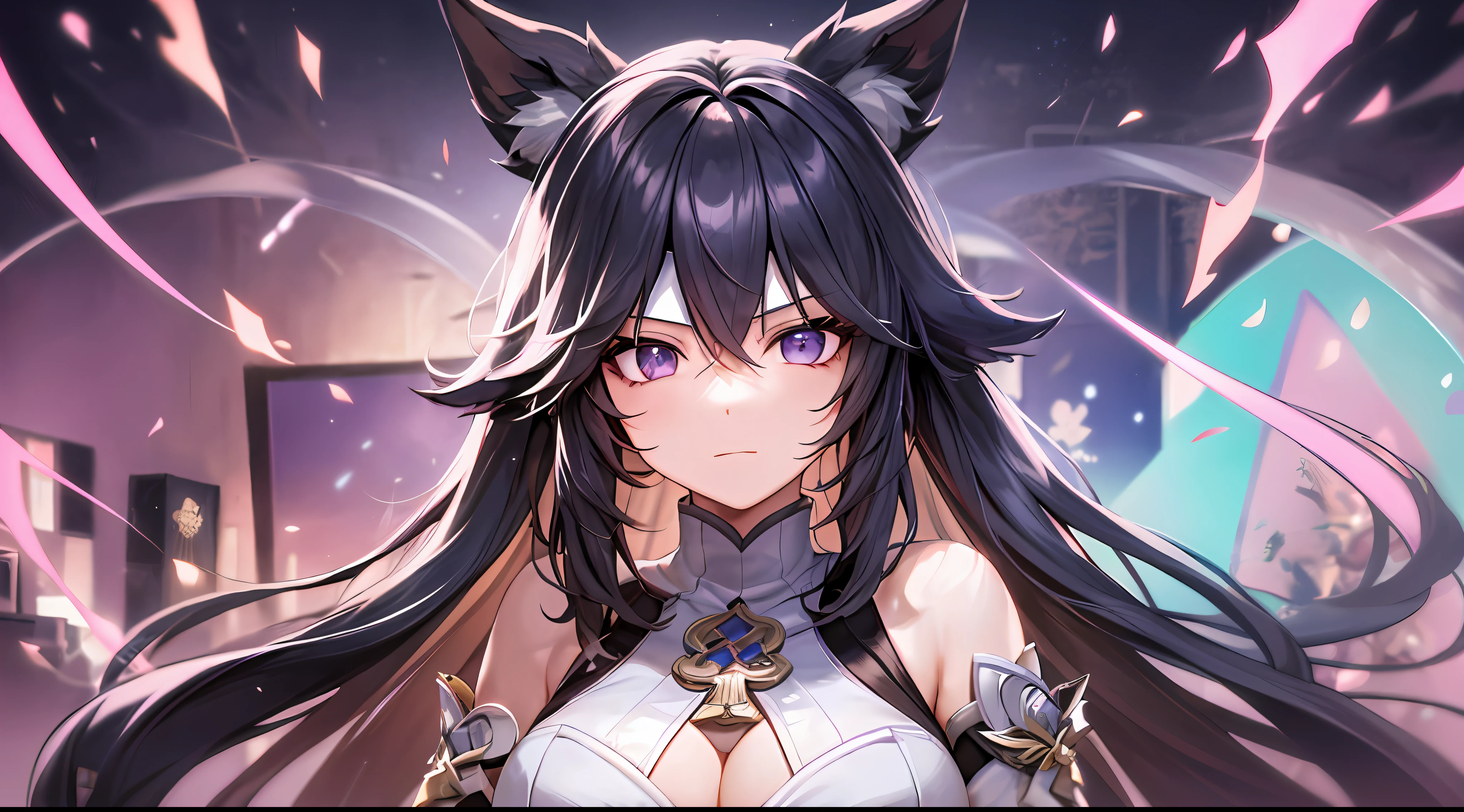 Mast, best quality, 1 girl, eula \ (Genshin Impact), black hair, purple eyes, long hair, headband, hair accessories, looking at the audience, facing viewer, eula signature weapon claymore sword, fox ears bent