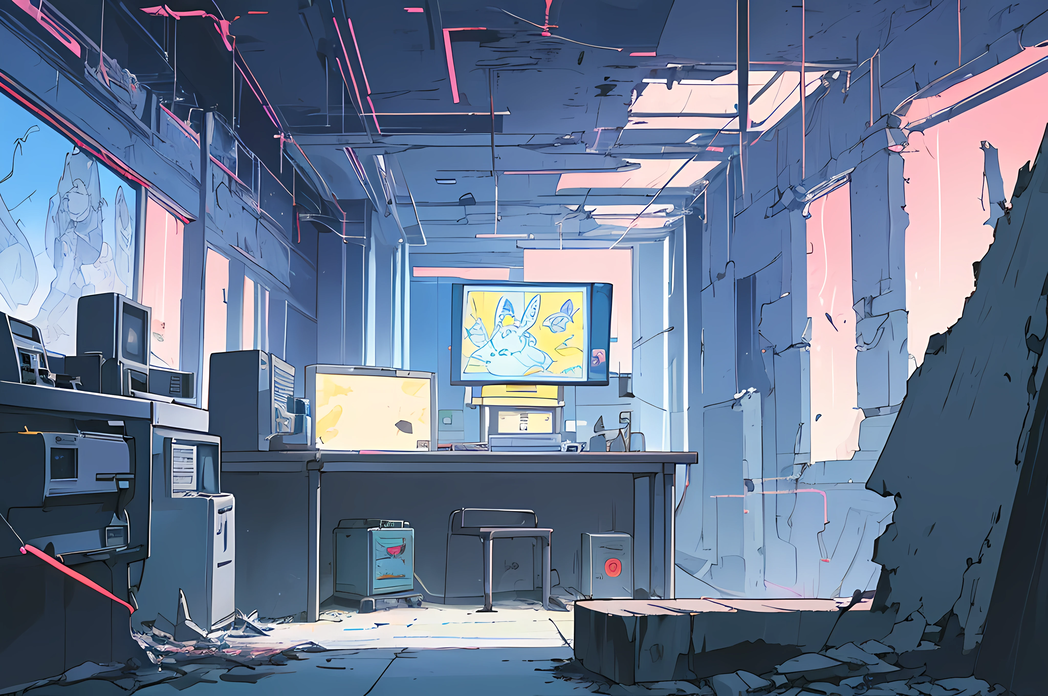 (((cyberpunk bleak bleak bleak dark bleak gray))), (vintage vhs), (crt screenshot), (((dark scene))), (((dark cloudy scene))), (((angel's egg anime))), (((serial experiments lain anime))), (((underground basement scene))), (((unlit nighttime scene))), (((dark abandoned computer lab house))), (((solemn blue anthro kemono furry rabbit with tall bunny ears exploring old computer screens))), (((underground cavern filled with glowing computer screens))), anime rabbit character with futuristic hair and glowing eyes and tall bunny ears exploring old ruins, anime art, anime aesthetic, (((old ruins in background cel art))), kemono anime rabbit girl, wearing cybernetic bunny ears, angry female fighter --v6