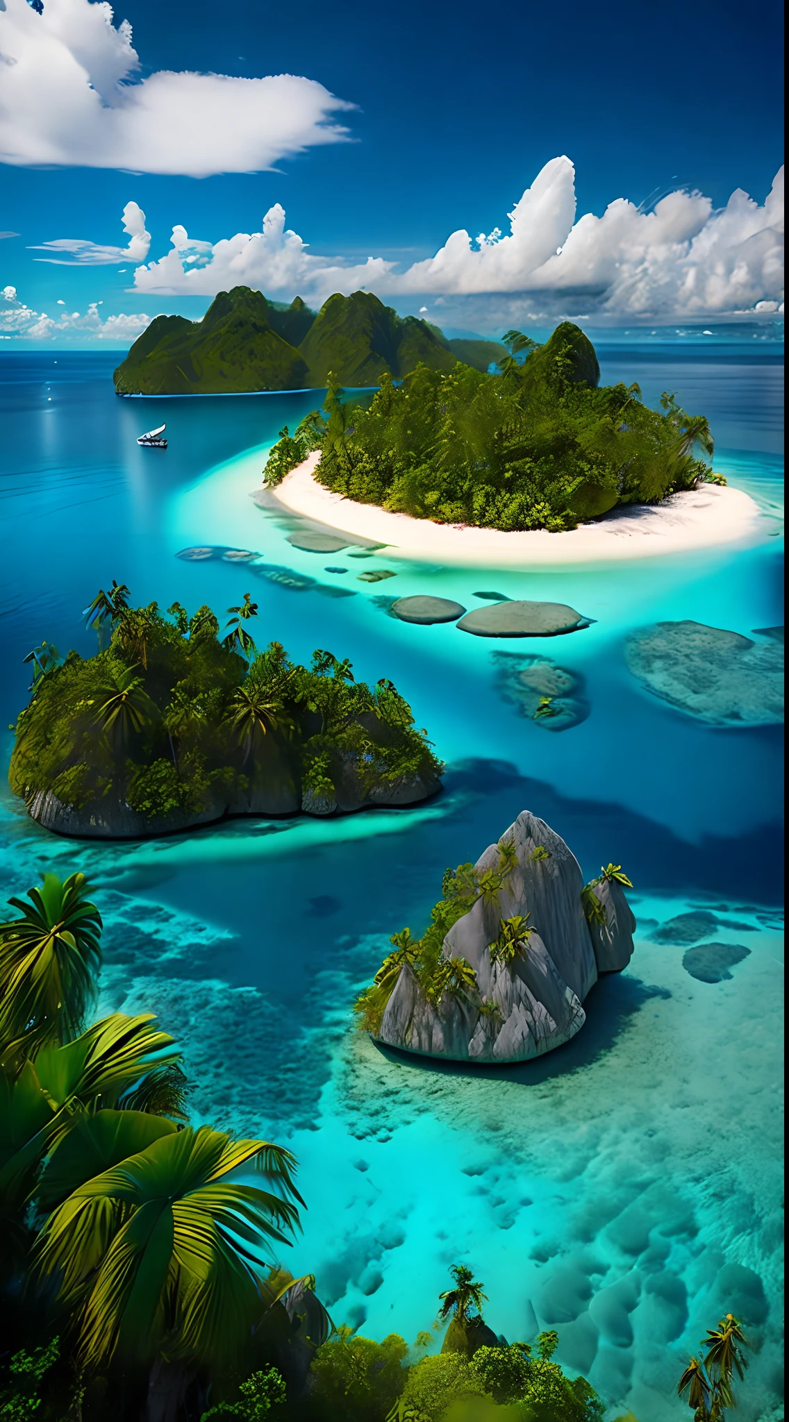 Raja Ampat island with palm trees and a sandy beach, tropical island, epic matte painting of an island, island in a blue sea, an island floating in the air, an island, island landscape, island floating in the sky, island background, monsoon on tropical island, island in the background, floating island, tropical location, island, island with cave, many islands, no humans, tree, cloud, sky, outdoors, scenery, day, palm tree, ocean, water, beach, blue sky, horizon, cloudy sky, nature, sand