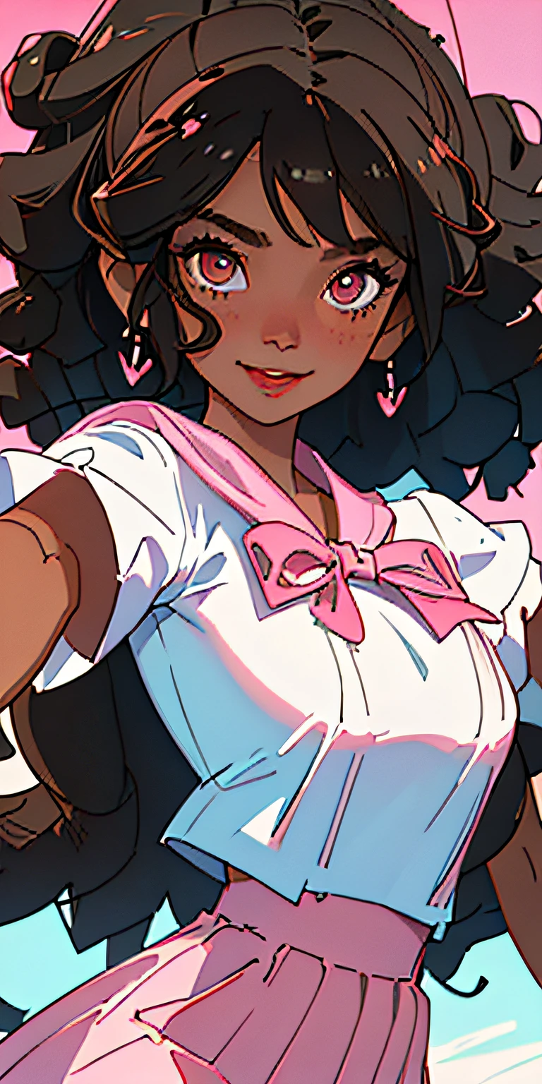 ((Best Quality, Masterpiece): 1.2), 1girl, smile, laughing, upper body, sailor outifit, curly hair, beautiful, brown skin, black, dark skined, afro girl, blush, curly hair, browm eyes, contemporary, afro-gothic, long curly black hair, beautiful, brown skin, black, beautiful, pink, looking at viewer, curly hair, short sleeves, white shirt, short pink skirt, incredible detail and stunning artwork with dynamic composition, stunning lighting and vibrant colors. High resolution and flawless execution. happy jump pose.