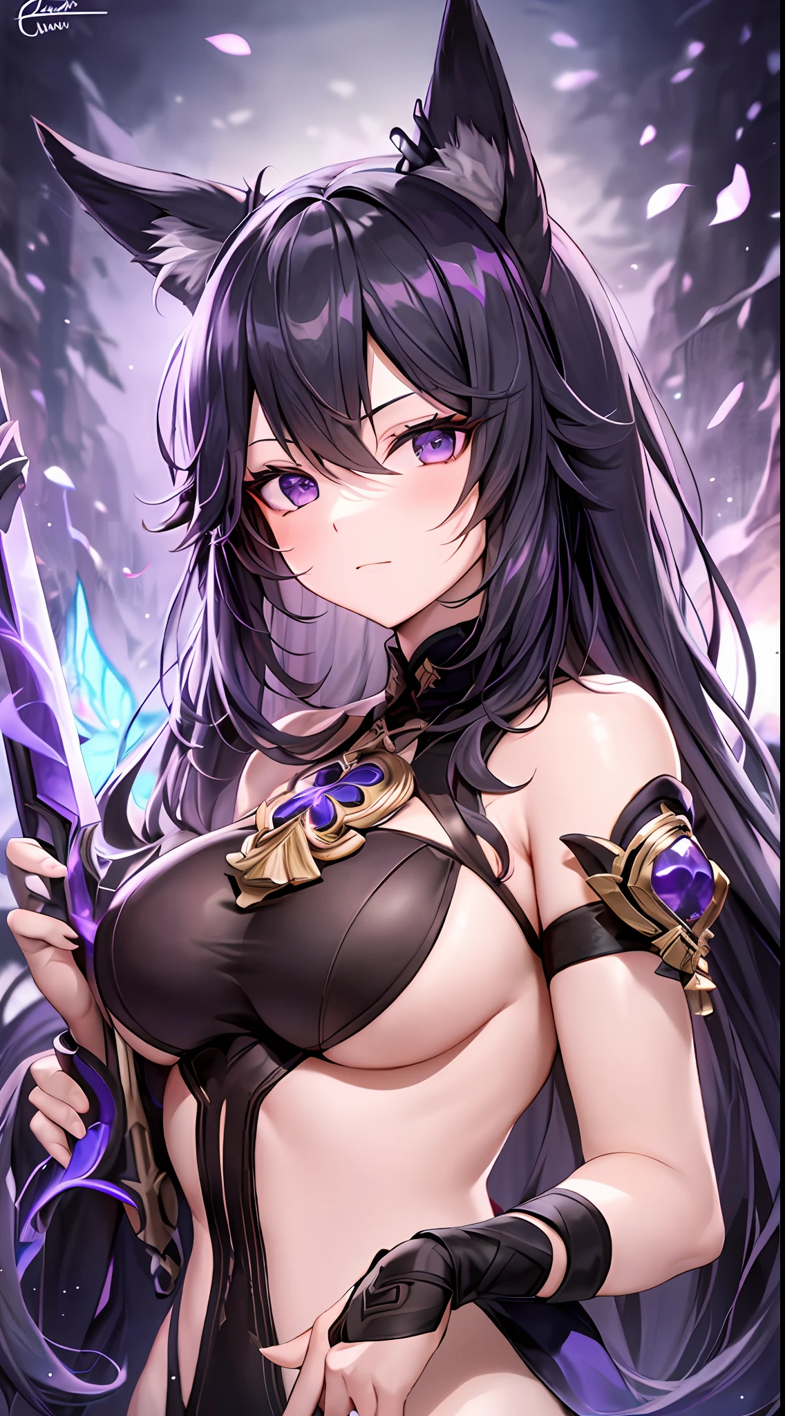 Mast, best quality, 1 girl, eula \ (Genshin Impact), black hair, purple eyes, long hair, headband, hair accessories, looking at the audience, facing viewer, eula signature weapon claymore sword, fox ears bent