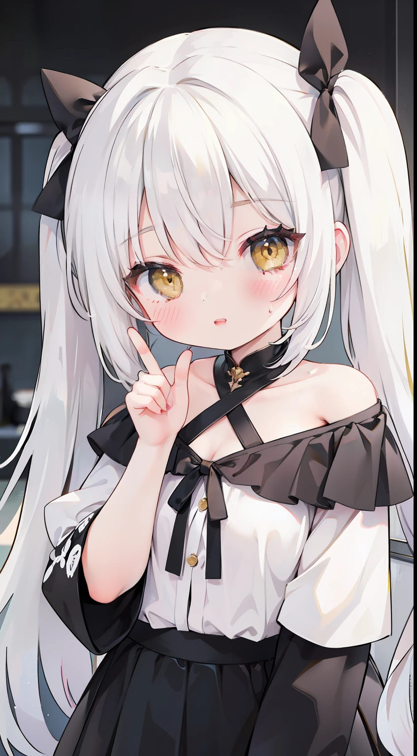 One Girl、white hair、wink、piece sign、Shoulder Length Clothing、Twin-tailed、High twin tails、yellow eyes、black ribbon on the head、