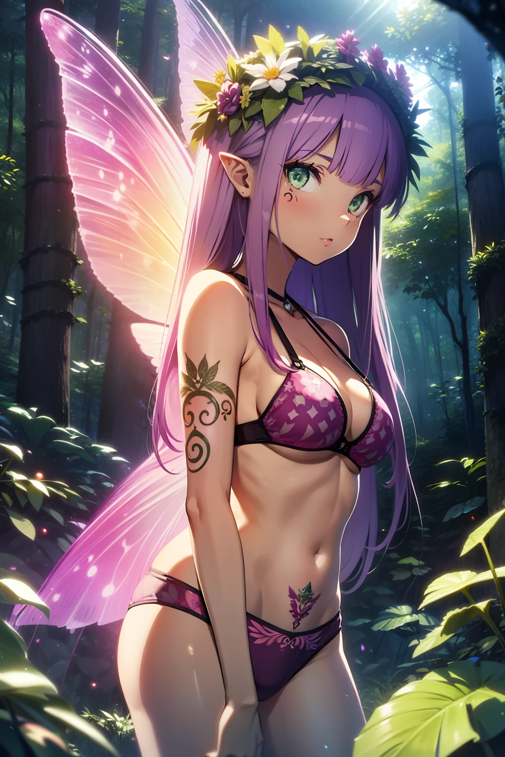 Girl, purple hair, green eyes, fairy, Pink fairy wings, bikini, vegetable bikini, wreath, weed tattoos, in a forest, Night, fantastic trees, fireflies in the scenery, Highlights, fantasy