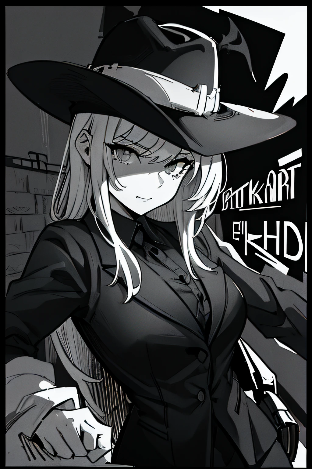 (Comic Noir Style),(black-and-white_High contrast),(Laura Budd_Pictures:0.5). .(Cowboy Shot),(8K resolution)、8K、Less in 8K、8K resolution、high intricate detailed、((looking at the viewers))、 A detailed face, 1girl in, 独奏,Female executives of the mafia