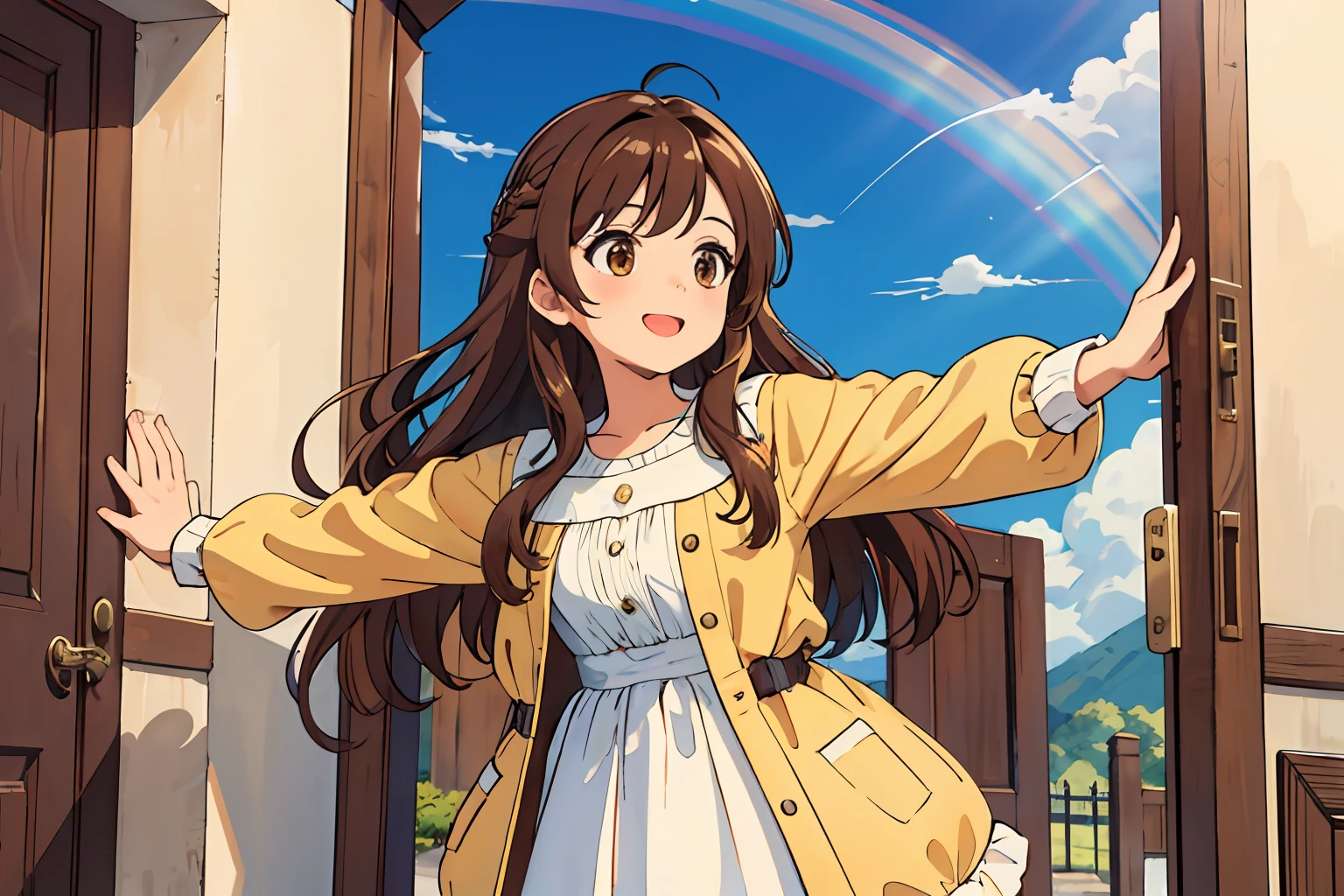 (Best quality, Masterpiece),Broad lens，(Brown hair long)，Lively cute girl with long brown hair，（Fly in the sky） There are rainbows in the sky，（The girl reached out and opened the door），Fantastic door，Flying Gate，（There are many doors in the sky），Colorful doors，cheerfulness，Skysky，