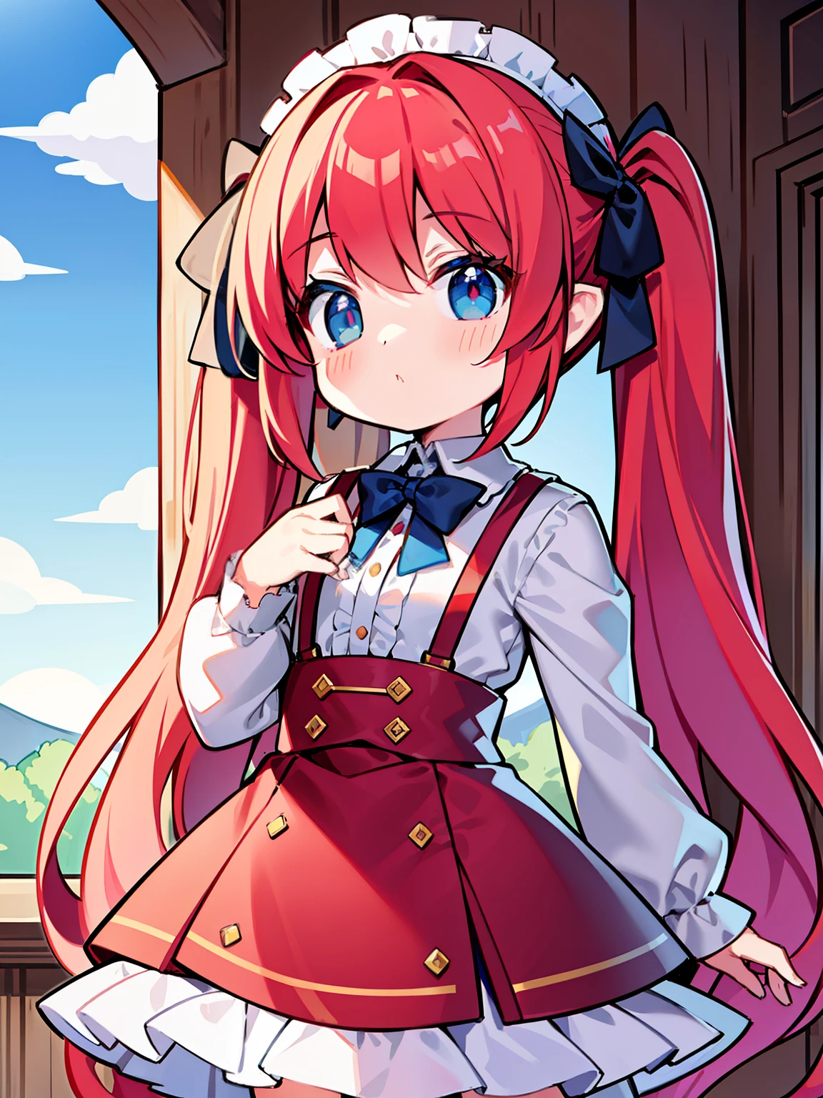 {{best quality}}, {{masterpiece}}, {{ultra-detailed}}, {illustration}, {detailed light}, red hair,blue eyes,twintails,lolita,Suspenders skirt,Fantastic,loli,solo,Dragon horns,little girl,long hair