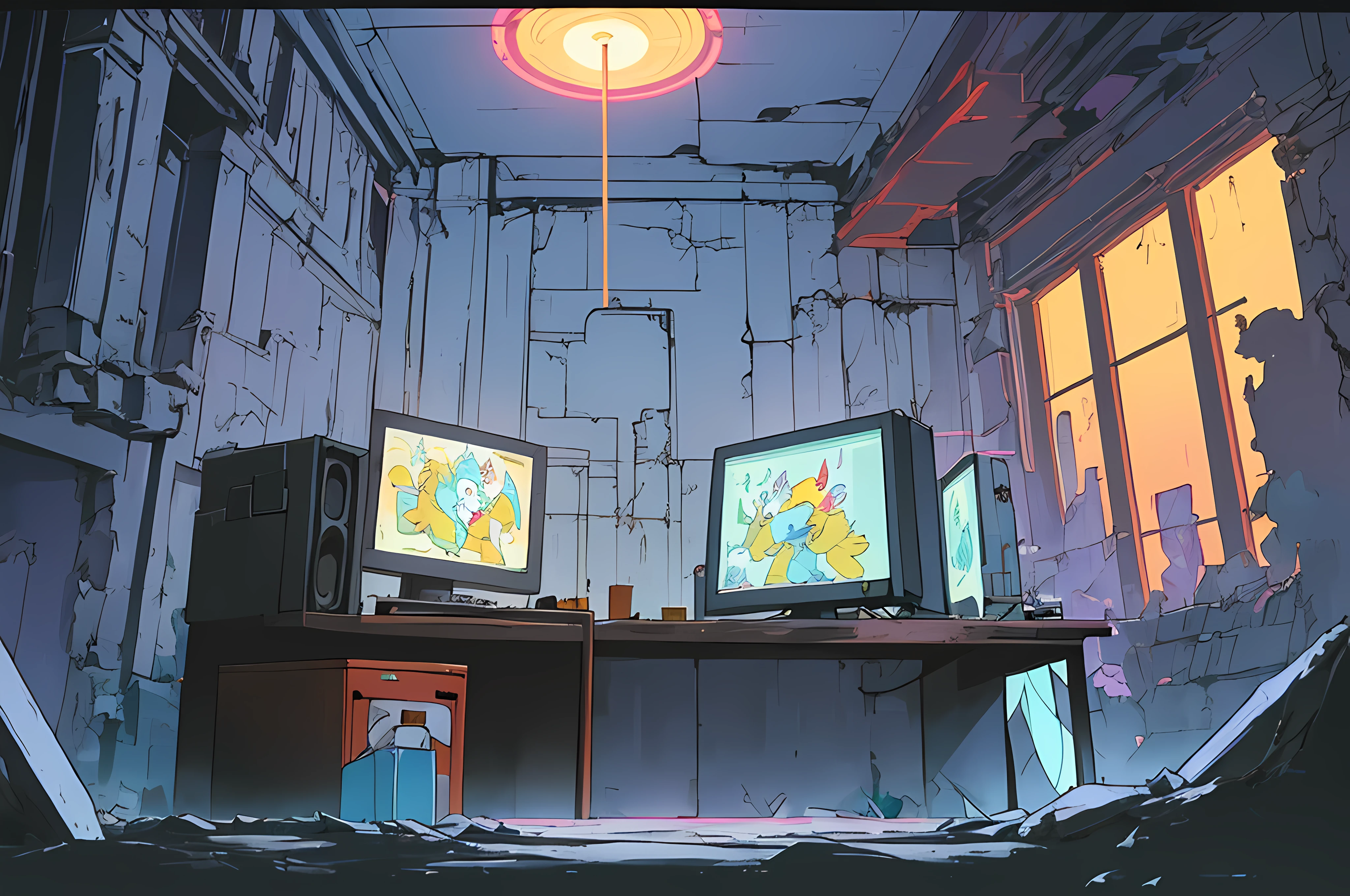 (((cyberpunk bleak bleak bleak dark bleak gray))), (vintage vhs), (crt screenshot), (((dark scene))), (((dark cloudy scene))), (((angel's egg anime))), (((serial experiments lain anime))), (((underground basement scene))), (((unlit nighttime scene))), (((dark abandoned computer lab house))), (((solemn blue anthro kemono furry rabbit with tall bunny ears exploring old computer screens))), (((underground cavern filled with glowing computer screens))), anime rabbit character with futuristic hair and glowing eyes and tall bunny ears exploring old ruins, anime art, anime aesthetic, (((old ruins in background cel art))), kemono anime rabbit girl, wearing cybernetic bunny ears, angry female fighter --v6