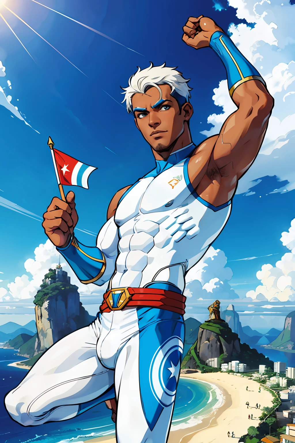 Guy Rio de Janeiro super hero white and blue clothes from Rio Rio de Janeiro flag dark skin