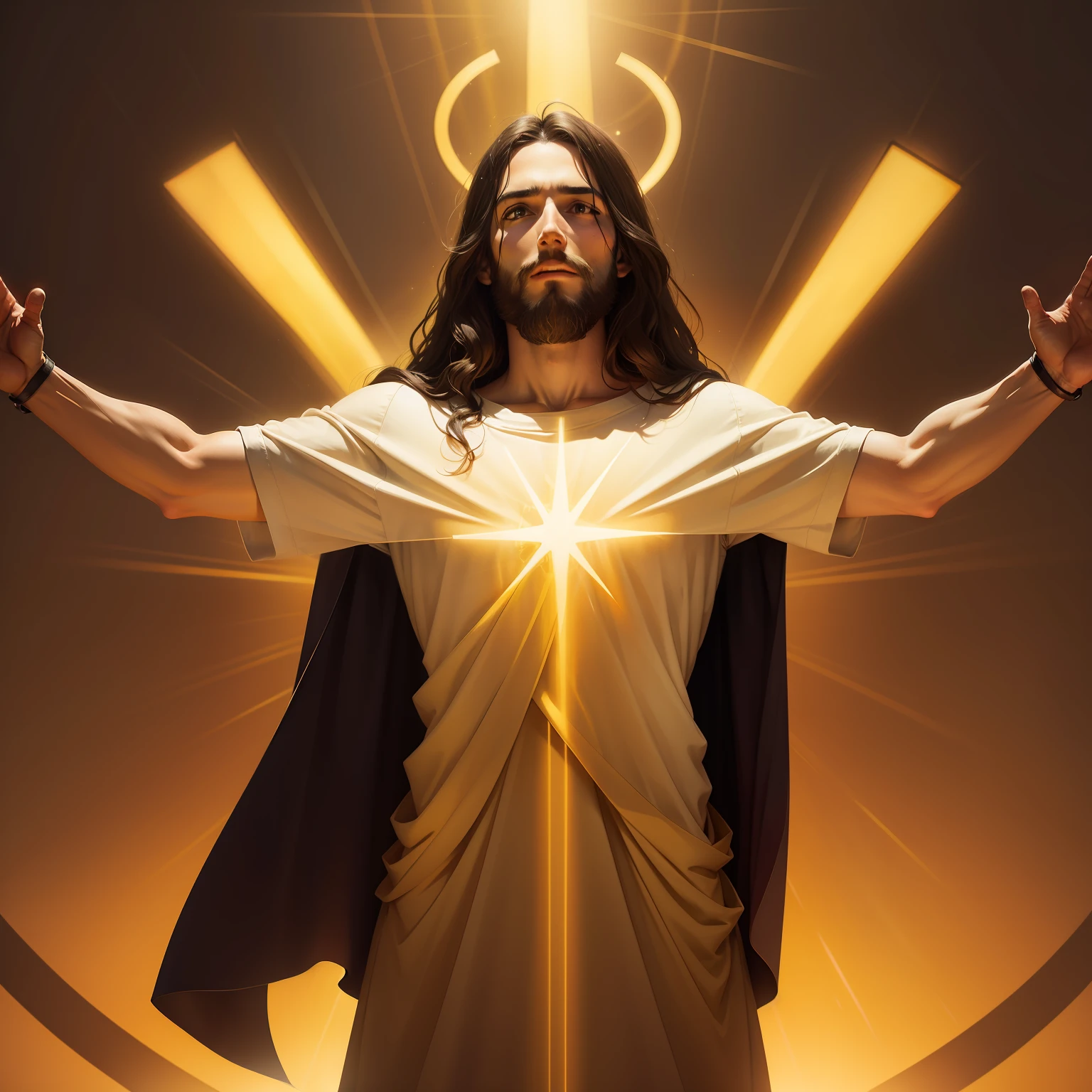 Jesus with arms half open with yellow lights behind him from heaven