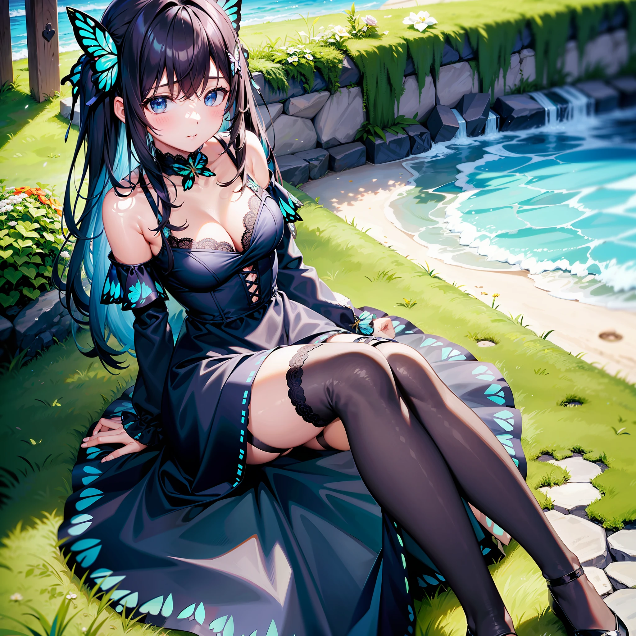 1girll,独奏,sit on chair,Inside the garden,cabelos preto e longos,Butterfly hairpin,Ocean blue off-the-shoulder dress,black lence stockings