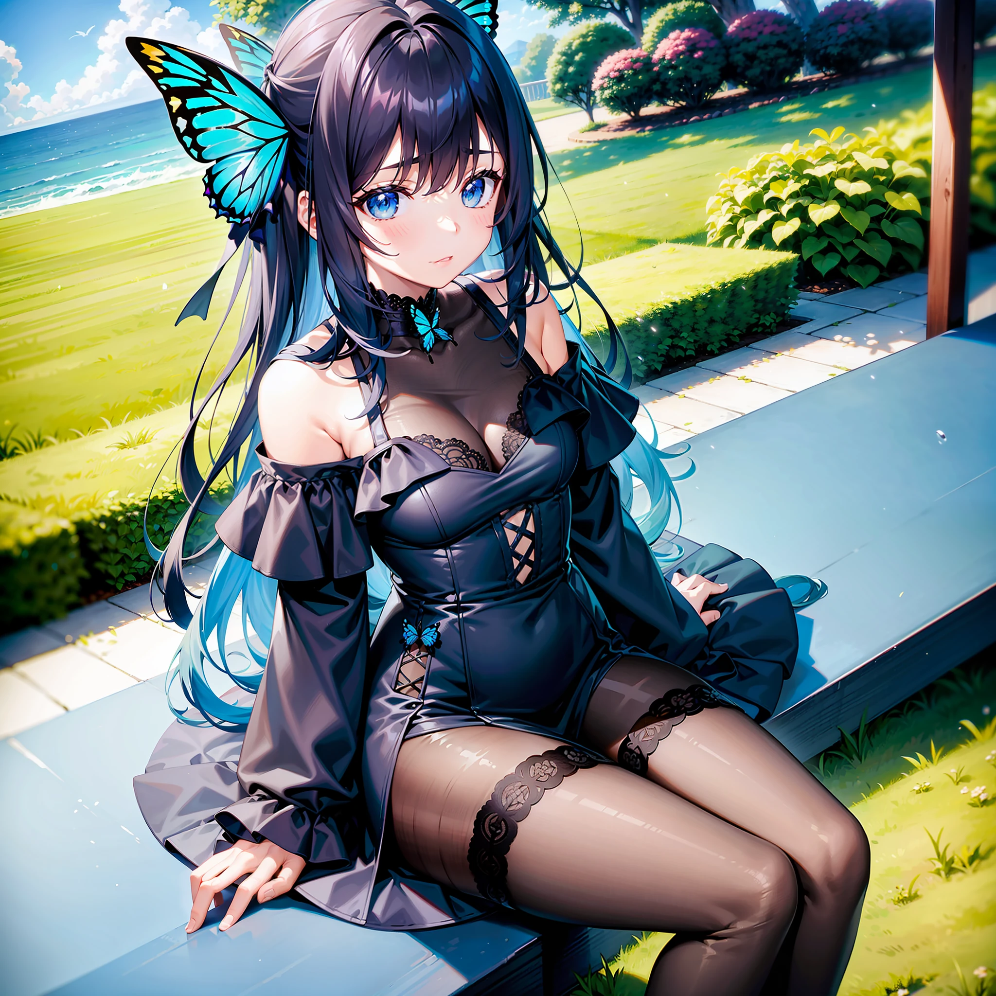 1girll,独奏,sit on chair,Inside the garden,cabelos preto e longos,Butterfly hairpin,Ocean blue off-the-shoulder dress,black lence stockings