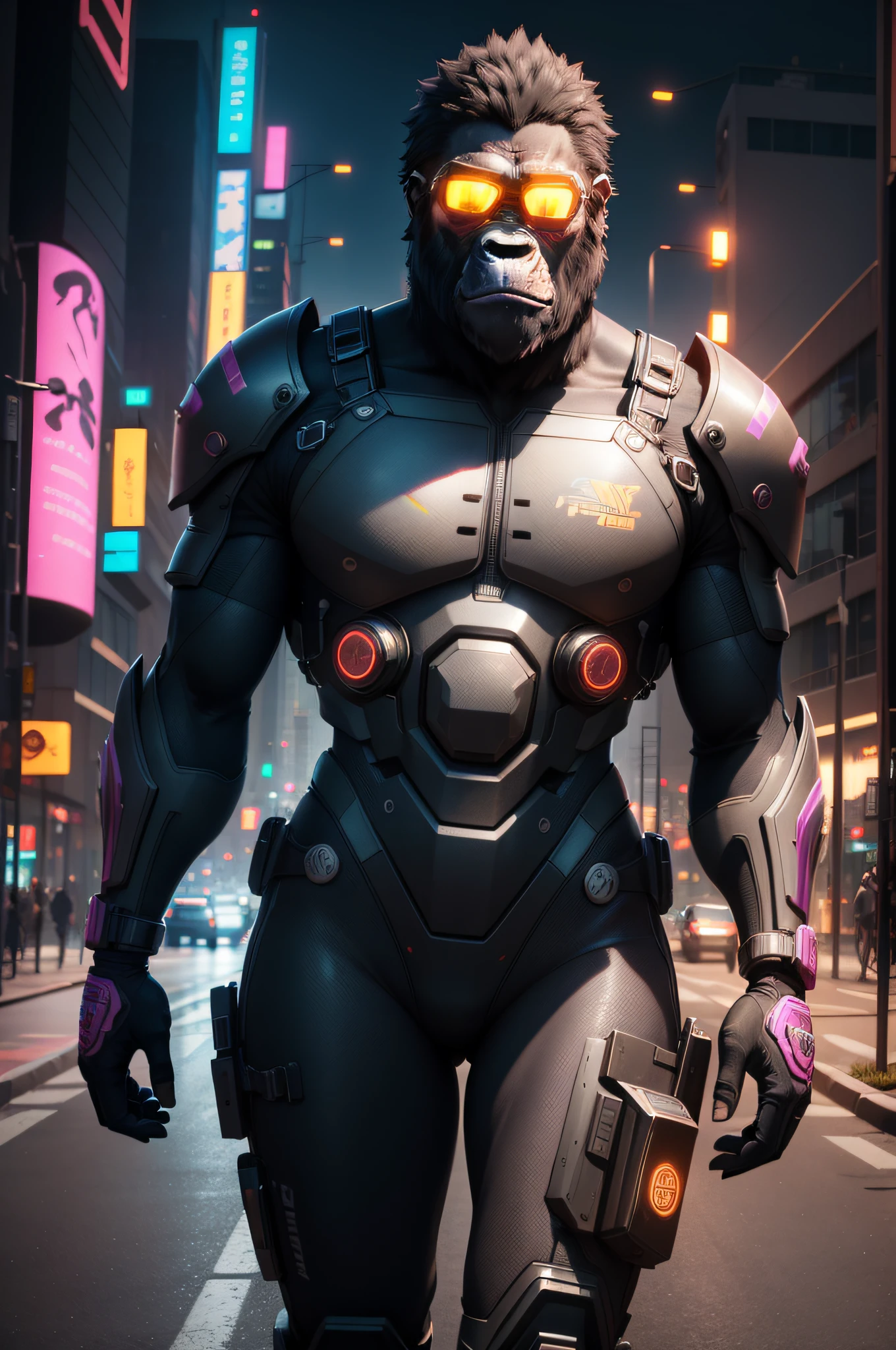 blender rendering, 8k cycles rendered, 8k post-processing, HDRI, a cyberpunk gorilla, bright coloring in style of lisa frank, wearing electromagnetic spectrum biotech goggles, wearing cybernetic mecha armor, cyberpunk city background, award winning national geographic photography, in the style and coloring of lisa frank, realistic, photography, 50mm 100mm 80mm,bright cyberpunk colors, stunning, cinematic, volumetric, beautiful environment, cyberpunk bored ape, perspective, hyper-realistic, photo-realistic + film lighting + rim lighting + intricate + realism + maximalist detail + very realistic, ultra detailed, ultra sharp, hard contrast, 8K, 16mm lens, style of Kantoku, texture, organic, depth, UHD, ultra detailed, Intricate fine details, bright neon colors, blender rendering, 8k cycles rendered, 8k post-processing, HDRI