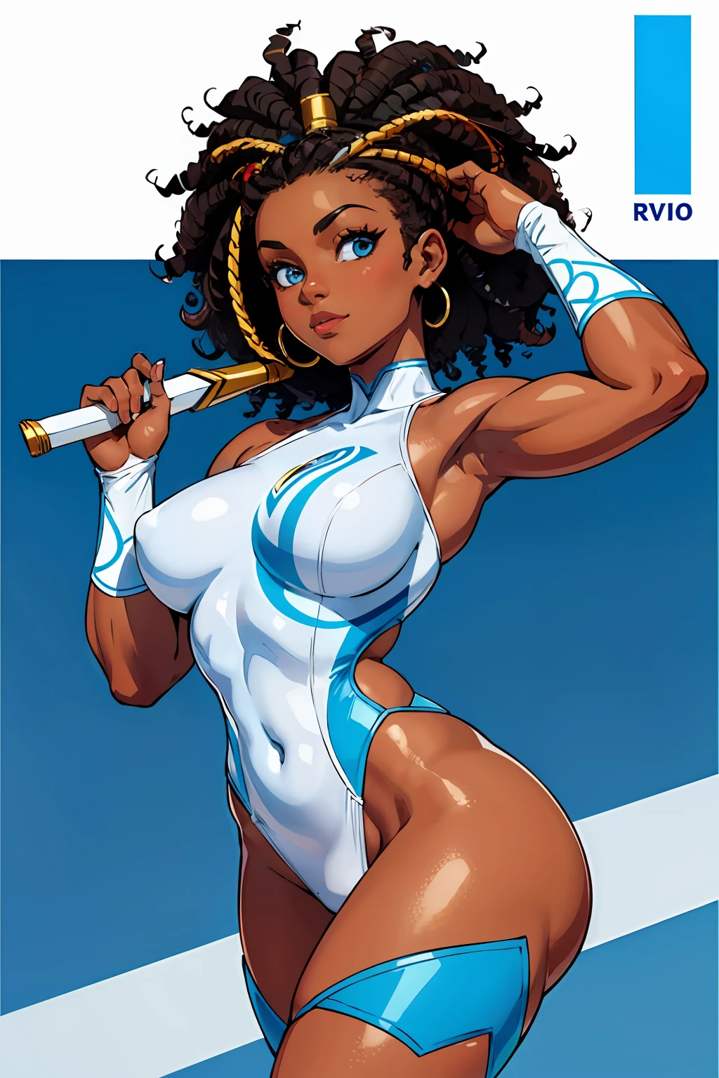 Woman from Rio de Janeiro super hero white and blue clothes from Rio Rio de Janeiro flag dark skin Curly hair