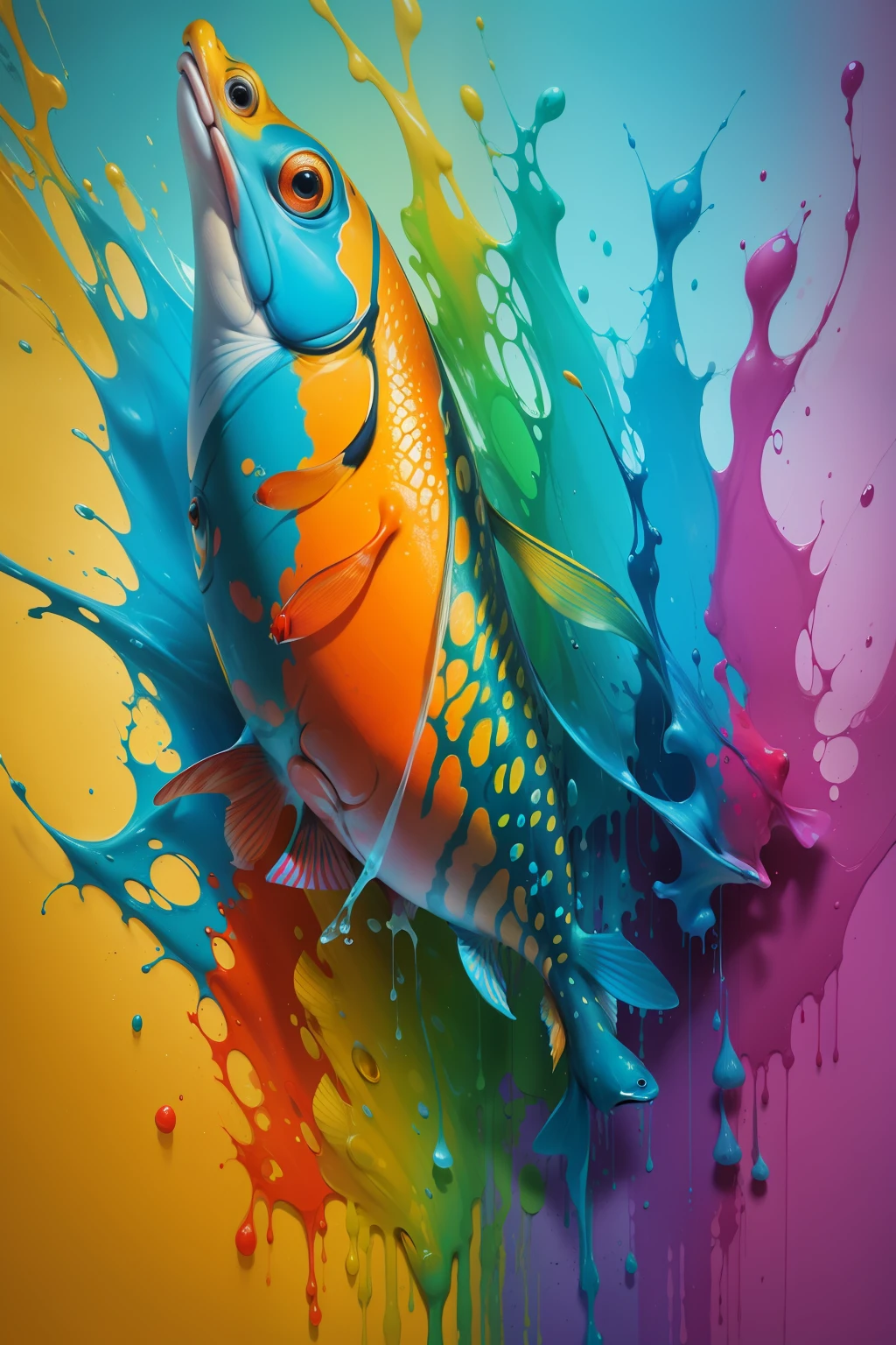 painting of tropical fish with colorful paint drips on it, fish art, colorful hyperrealism, vibrant colors hyper realism, art of alessandro pautasso, detailed painting 4 k, two fish art, colorful fish, stunning artwork, highly detailed 4 k painting, hyperrealistic mixed media, artistic painting, beautiful fish, painted in bright water colors