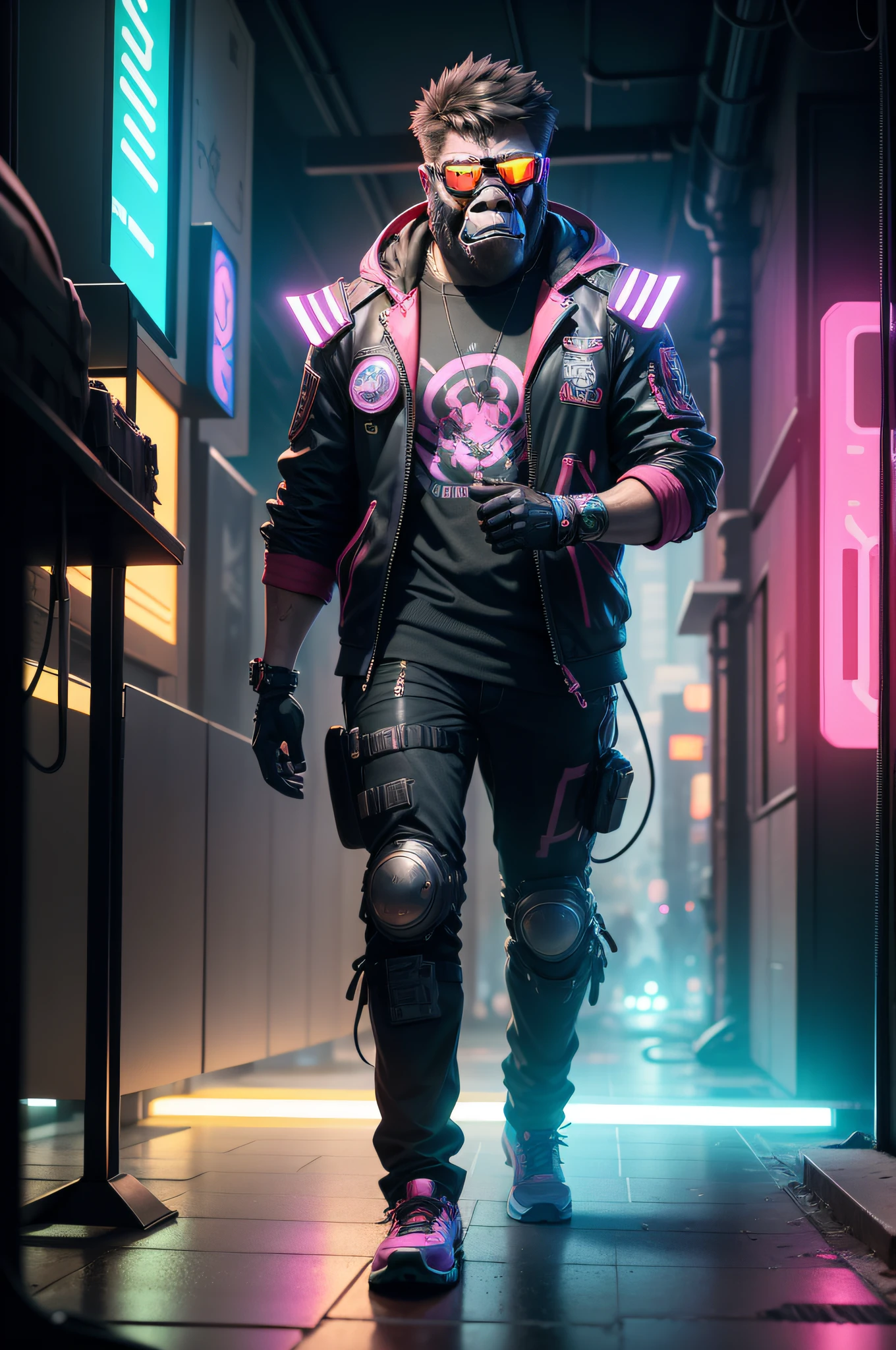 blender rendering, 8k cycles rendered, 8k post-processing, HDRI, a cyberpunk gorilla, bright coloring in style of lisa frank, wearing electromagnetic spectrum biotech goggles, wearing cybernetic mecha armor, cyberpunk city background, award winning national geographic photography, in the style and coloring of lisa frank, realistic, photography, 50mm 100mm 80mm,bright cyberpunk colors, stunning, cinematic, volumetric, beautiful environment, cyberpunk bored ape, perspective, hyper-realistic, photo-realistic + film lighting + rim lighting + intricate + realism + maximalist detail + very realistic, ultra detailed, ultra sharp, hard contrast, 8K, 16mm lens, style of Kantoku, texture, organic, depth, UHD, ultra detailed, Intricate fine details, bright neon colors, blender rendering, 8k cycles rendered, 8k post-processing, HDRI