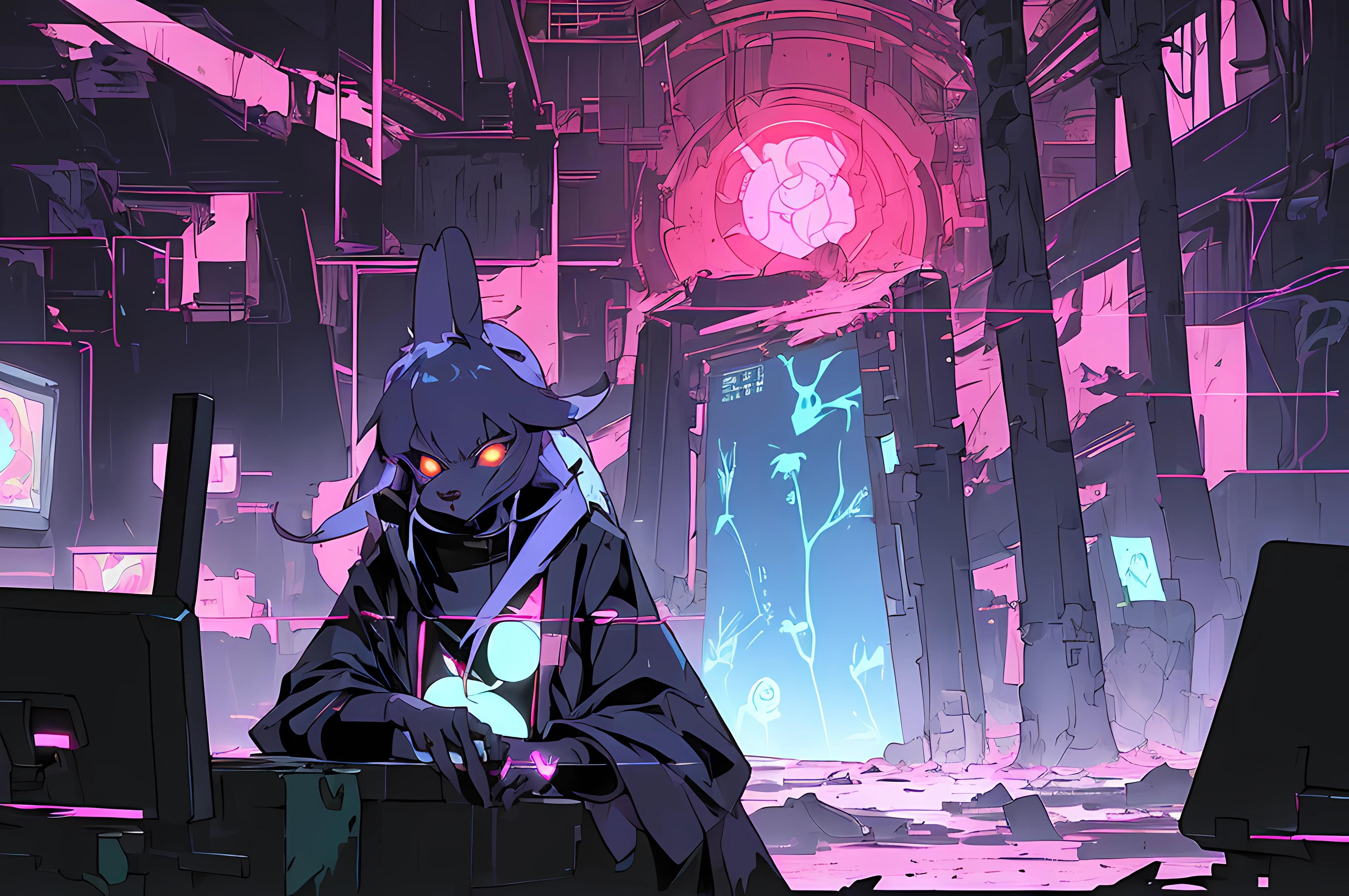 (((cyberpunk bleak bleak bleak dark black black black bleak gray vampire hunter d))), (vintage vhs), (crt screenshot), (((dark scene))), (((dark cloudy scene))), (((angel's egg anime))), (((serial experiments lain anime))), (((underground basement scene))), (((unlit nighttime scene))), (((dark abandoned cyberpunk glowing screens lab house))), (((solemn blue anthro kemono furry rabbit with tall bunny ears exploring old computer screens))), (((underground cavern filled with glowing computer screens))), anime rabbit character with futuristic hair and glowing eyes and tall bunny ears exploring old ruins, anime art, anime aesthetic, (((old ruins in background cel art))), kemono anime rabbit girl, wearing cybernetic bunny ears, angry female fighter --v6