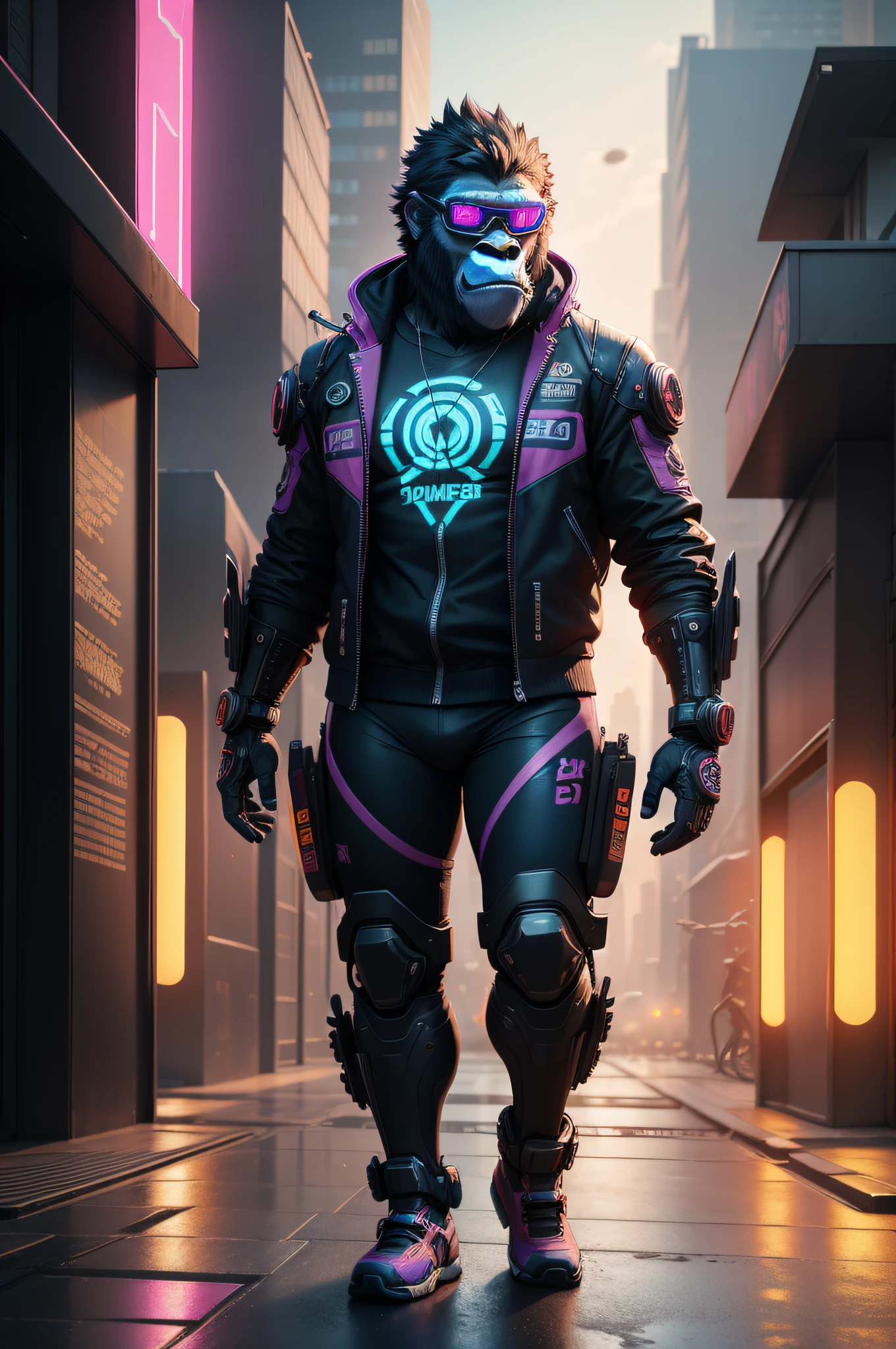 blender rendering, 8k cycles rendered, 8k post-processing, HDRI, a cyberpunk gorilla, bright coloring in style of lisa frank, wearing electromagnetic spectrum biotech goggles, wearing cybernetic mecha armor, cyberpunk city background, award winning national geographic photography, in the style and coloring of lisa frank, realistic, photography, 50mm 100mm 80mm,bright cyberpunk colors, stunning, cinematic, volumetric, beautiful environment, cyberpunk bored ape, perspective, hyper-realistic, photo-realistic + film lighting + rim lighting + intricate + realism + maximalist detail + very realistic, ultra detailed, ultra sharp, hard contrast, 8K, 16mm lens, style of Kantoku, texture, organic, depth, UHD, ultra detailed, Intricate fine details, bright neon colors, blender rendering, 8k cycles rendered, 8k post-processing, HDRI