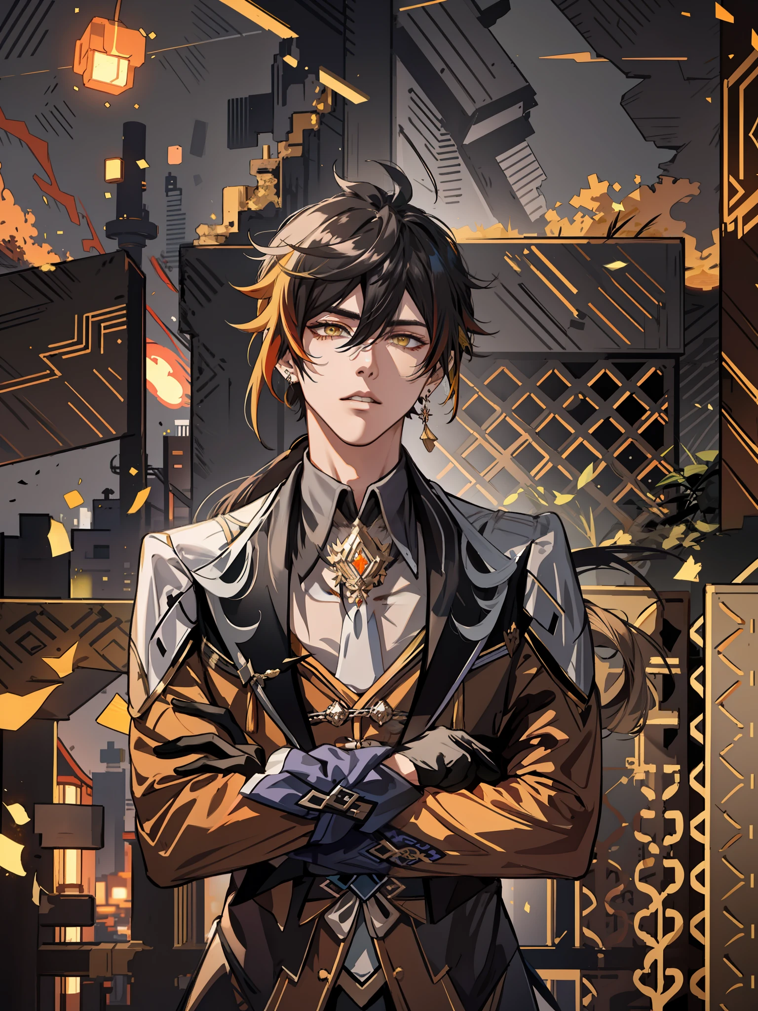 asterpiece, best quality,zhongli (genshin impact), male focus, jewelry, long hair, 1boy, solo, earrings, bangs, gloves, ponytail, black gloves, multicolored hair, brown hair, hair between eyes, single earring, jacket, tassel earrings, long sleeves, tassel, looking at viewer, yellow eyes, glowing eyes, gradient hair, suit, black hair, (grey background:1.4),(kbxll:0.6)