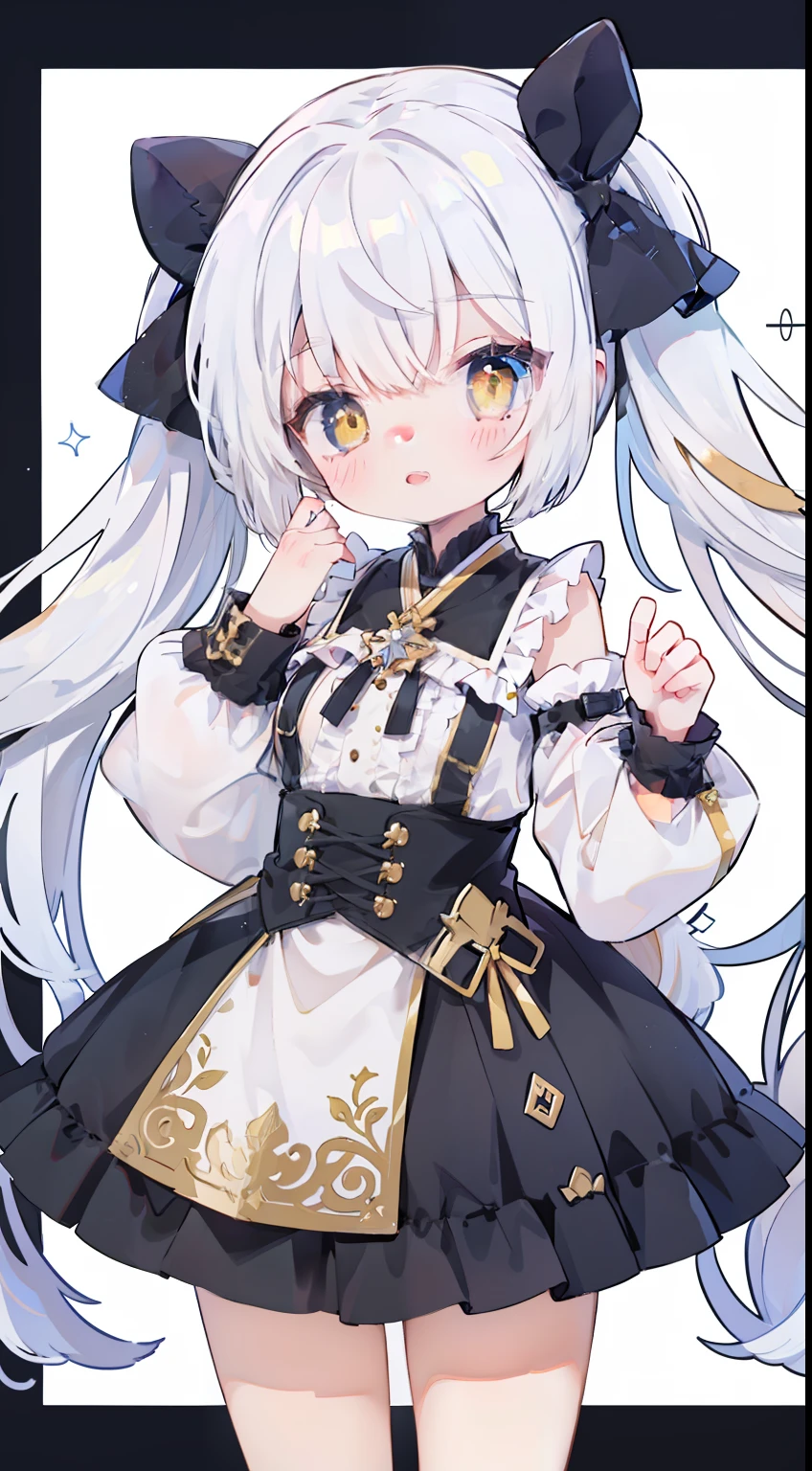 One girl、white hair、Wink、piece sign、Shoulder-length clothing、Twin-tailed、High twin tails、yellow eyes、black ribbon on the head、