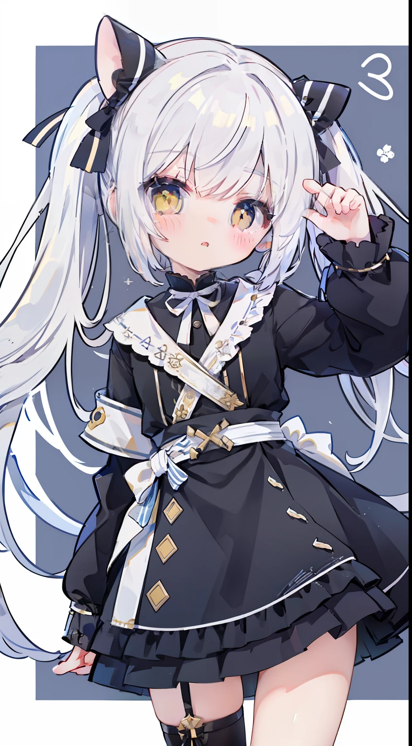 One girl、white  hair、Wink、piece sign、Shoulder-length clothing、Twin-tailed、High twin tails、yellow  eyes、black ribbon on the head、