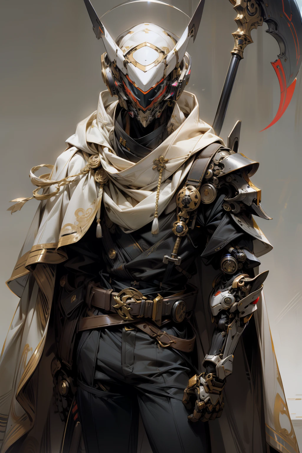 male people,Gray-white mechanical warrior,obi strip,Complex masks,Gorgeous belt,a gorgeous,Complex and detailed technical exoskeleton,Intricate cloak,Complex full-wrap helmet,scythe design,Intricate scythes,Fantasy Scythe,volumettic light,human - shaped,volumettic light,future-tech,Off-white body,a gorgeous,Exaggerated,makina,dashboard,Machine belt