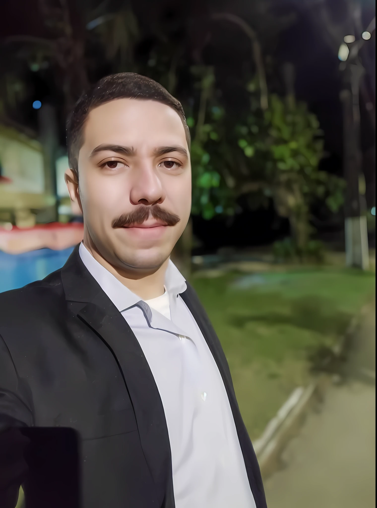 There's a man in a suit and tie standing in a park, imagem profissional, imagem frontal, com bigode, Foto selfie 8k, foto de perfil profissional, Retrato NFT, (((Hiper realista))), (((Ultra Detalhado))), (((alta qualidade))), 8k